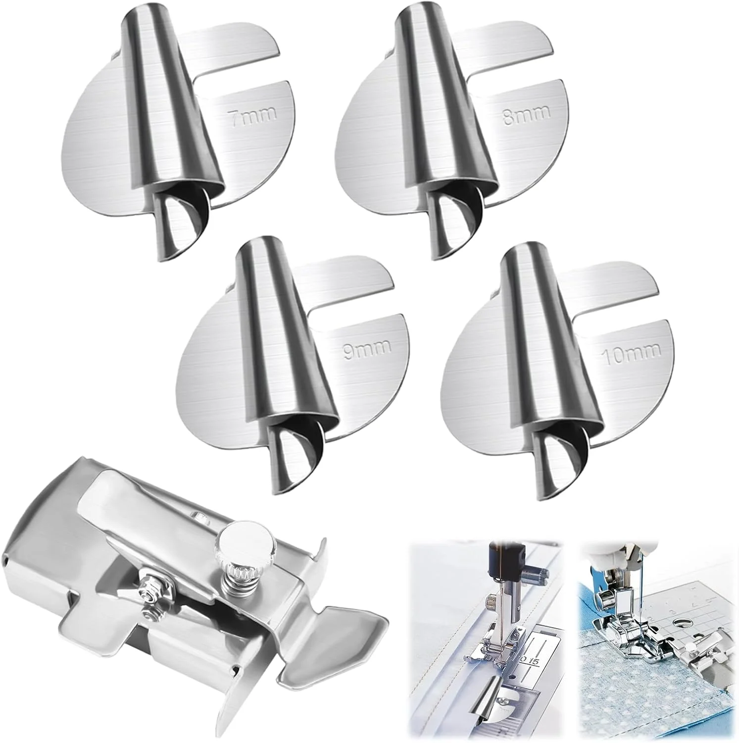 مجموعه 4 عددی پایه لب تو (لول) چرخ خیاطی + راهنمای درز مغناطیسی، لوازم جانبی چرخ خیاطی 7/8/9/10 میلی متری، پایه لب تو (لول) برای چرخ خیاطی، پایه دوخت برای لول کردن لبه ها