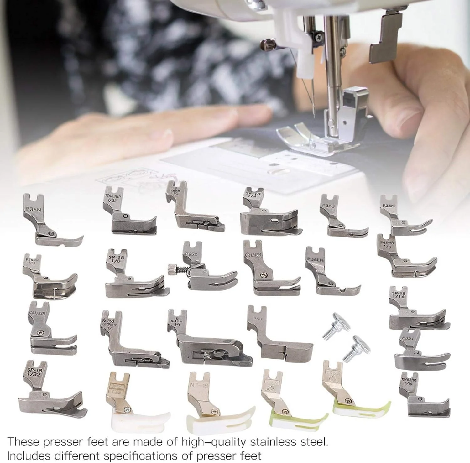 ست پایه های چرخ خیاطی، استیل ضد زنگ، چند منظوره برای چرخ خیاطی های خانگی، ست 25 عددی به همراه 2 پیچ