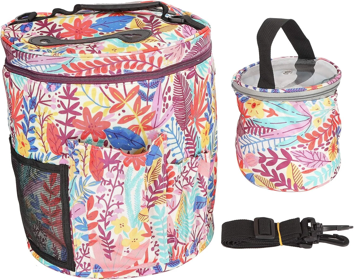 ست کیف نگهداری 2 عددی پارچه آکسفورد 600D با چاپ طرح و بند دستی چند جیبی، بسته استوانه ای شکل، کیف خیاطی با ظرفیت بالا (برگ های نارنجی)