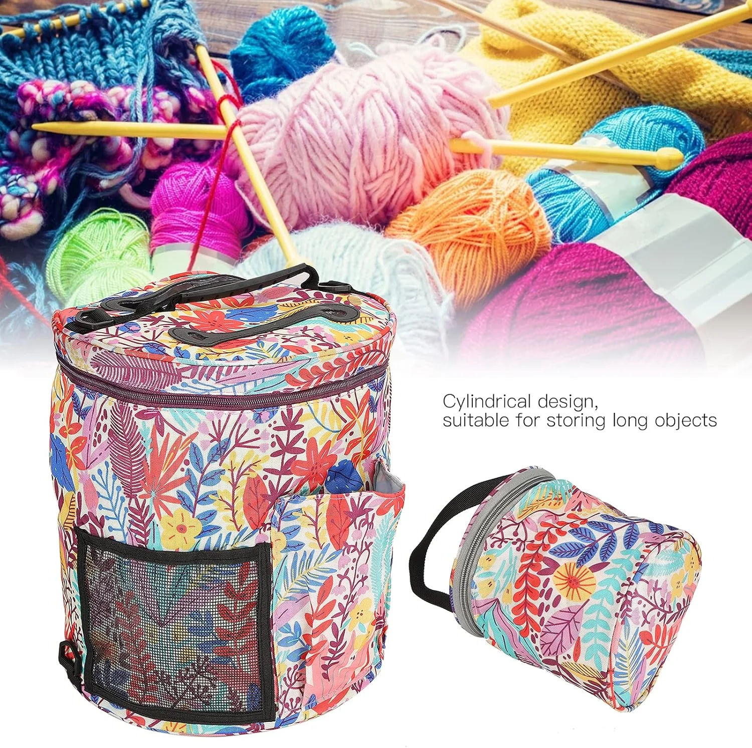 ست کیف نگهداری 2 عددی پارچه آکسفورد 600D با چاپ طرح و بند دستی چند جیبی، بسته استوانه ای شکل، کیف خیاطی با ظرفیت بالا (برگ های نارنجی)