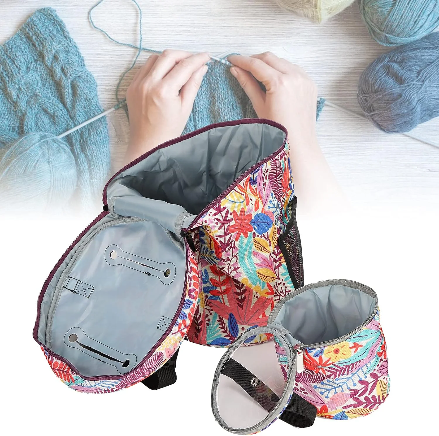 ست کیف نگهداری 2 عددی پارچه آکسفورد 600D با چاپ طرح و بند دستی چند جیبی، بسته استوانه ای شکل، کیف خیاطی با ظرفیت بالا (برگ های نارنجی)