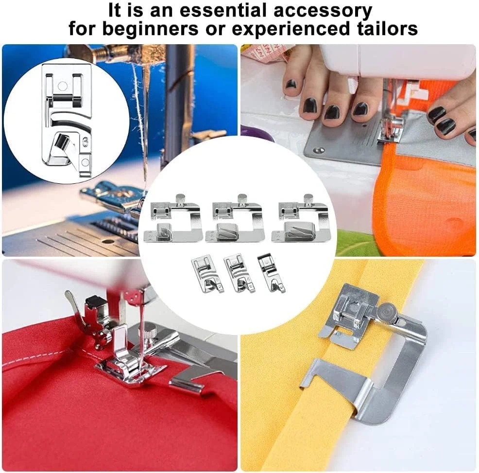 ست پایه های چرخ خیاطی SYOSI شامل 6 قطعه، 3 پایه باریک لبه رول شده (3/4/6 میلی متر)، 3 پایه فشار دهنده لبه رول شده برای چرخ خیاطی خانگی (4/8، 6/8، 8/8 اینچ)