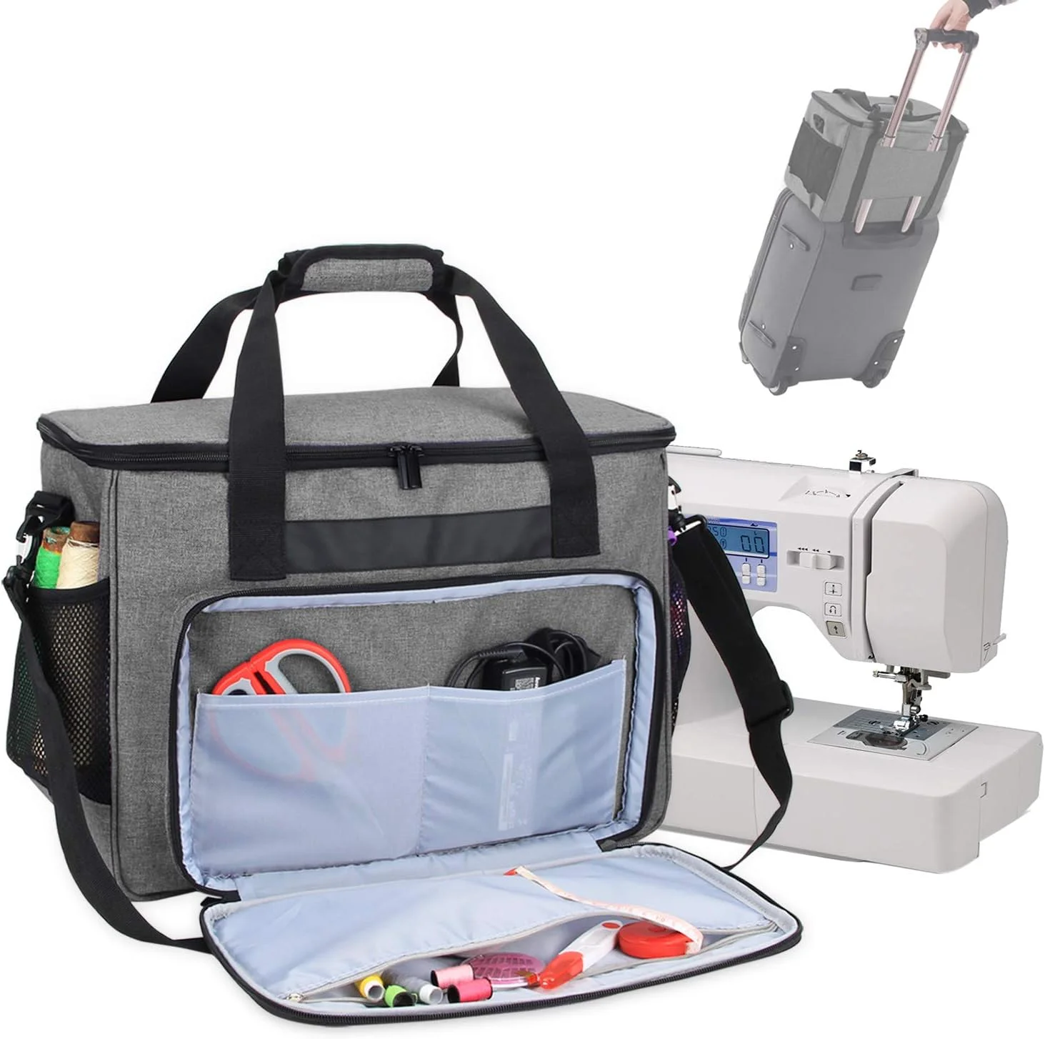 کیف حمل و نگهداری چرخ خیاطی Teamoy، سازمان دهنده کیف دستی سازگار با چرخ خیاطی های Brother، Singer و لوازم جانبی، خاکستری