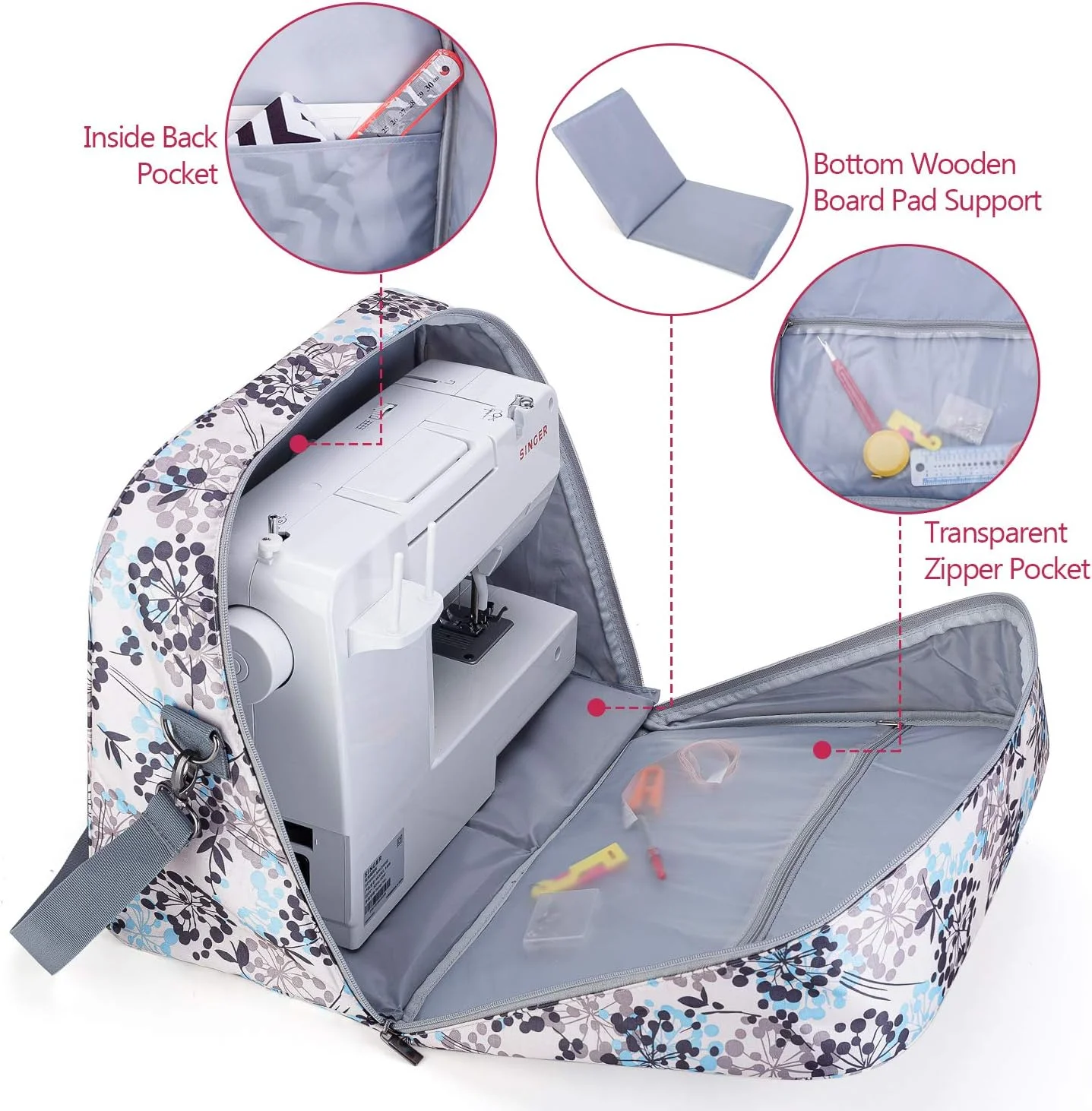 کیف حمل چرخ خیاطی Teamoy با پد تخته چوبی زیرین برای اکثر چرخ خیاطی های استاندارد و لوازم جانبی 41.4x21.6x33 سانتی متر - طرح قاصدک