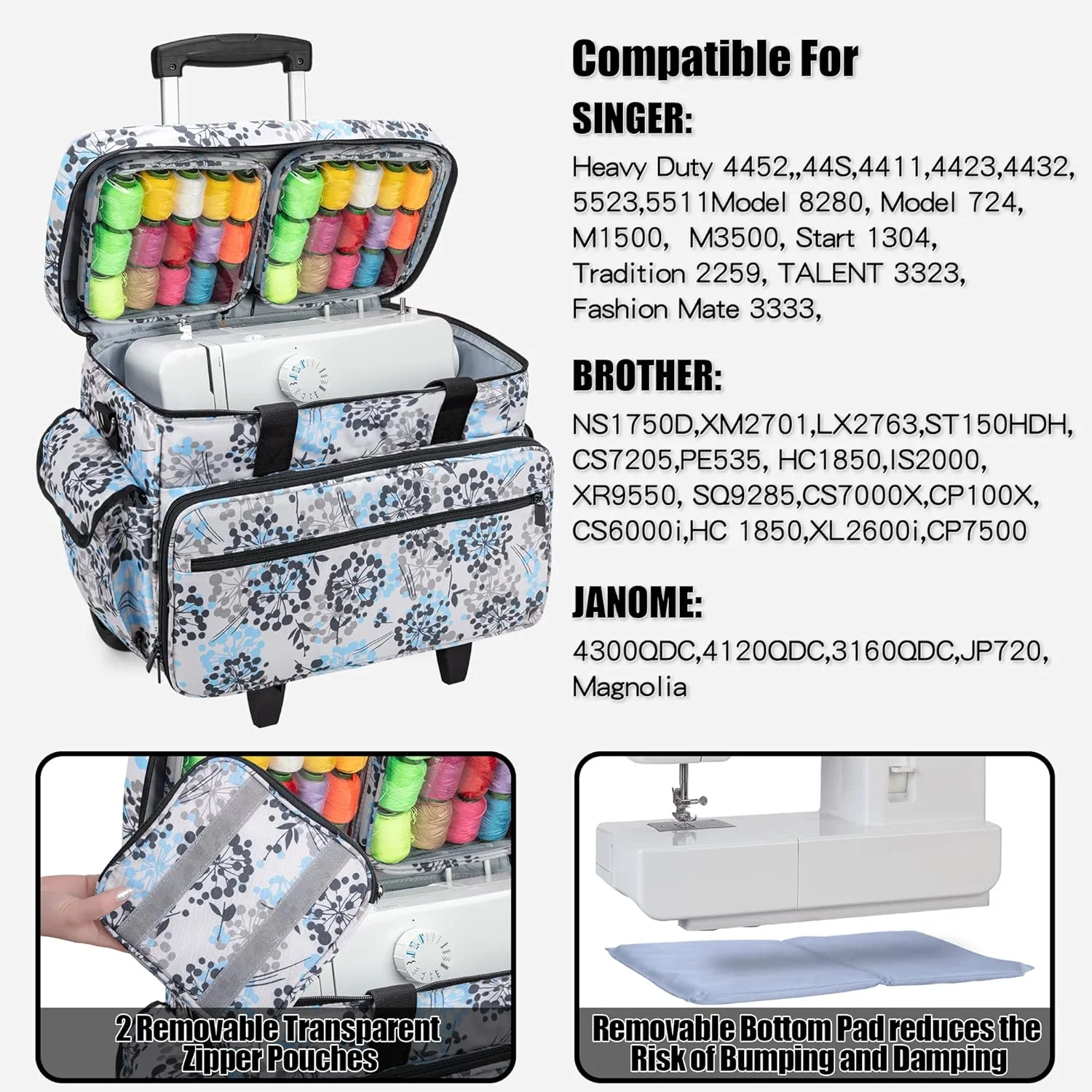 کیف چرخ خیاطی Teamoy با چرخ‌های جداشدنی، کیف چرخ خیاطی چرخ‌دار با چرخ و پد چوبی زیرین، سازگار با Singer، Brother و اکثر ماشین‌ها و لوازم جانبی، طرح قاصدک