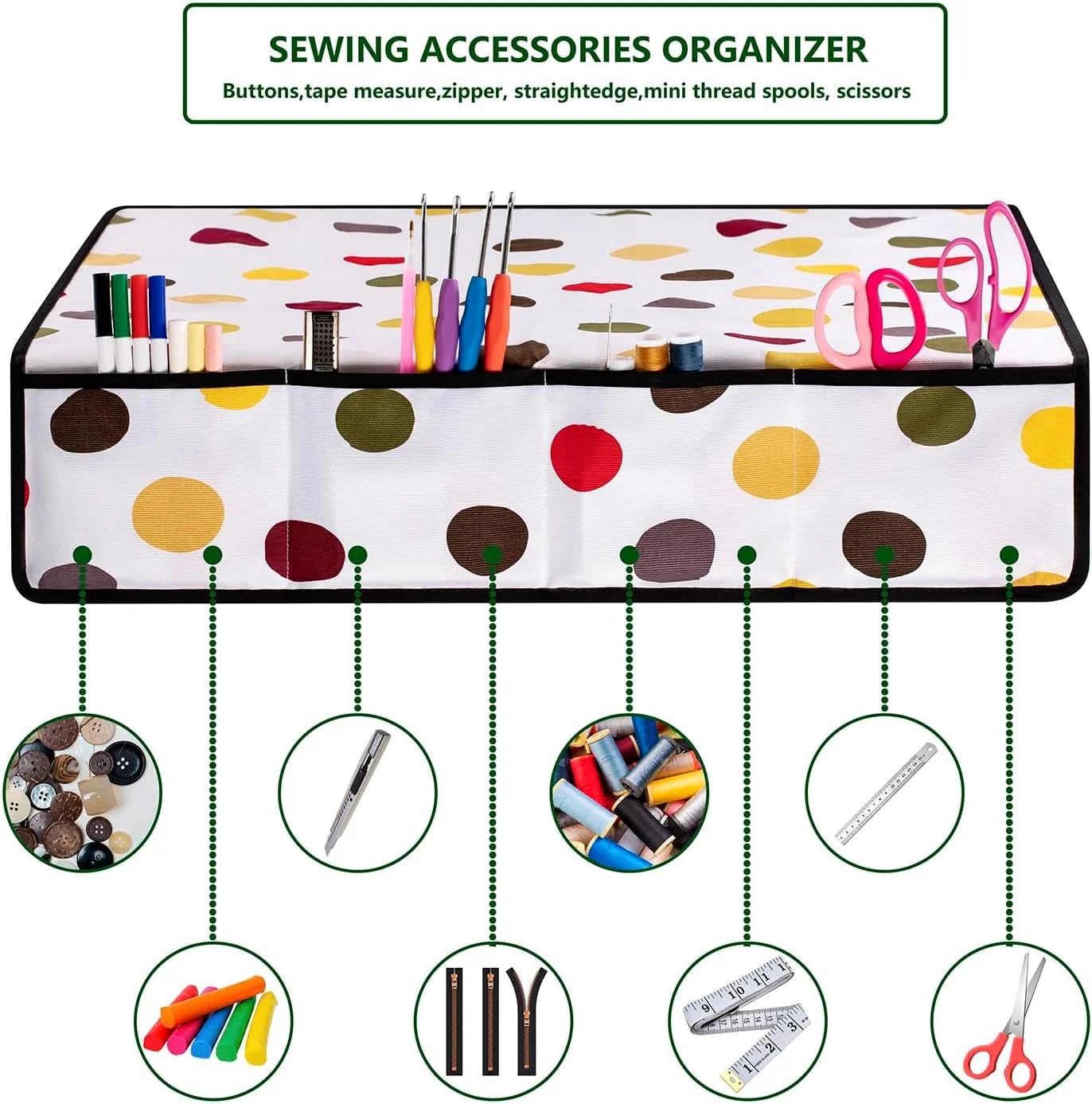 پد زیر چرخ خیاطی برای میز، سازمان دهنده لوازم جانبی خیاطی خانگی با 4 جیب (طرح خال خالی)