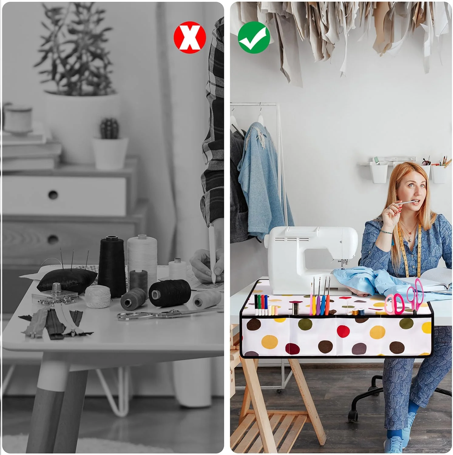 پد زیر چرخ خیاطی برای میز، سازمان دهنده لوازم جانبی خیاطی خانگی با 4 جیب (طرح خال خالی)