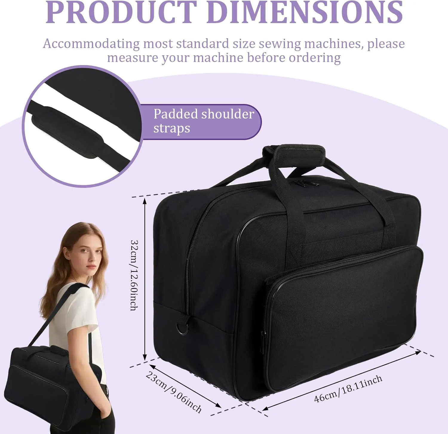 کیف چرخ خیاطی، کیف پارچه آکسفورد ضد آب چرخ خیاطی با بند شانه و دسته، 46 x 23 x 32 سانتی متر، کیف حمل جهانی برای اکثر چرخ خیاطی های استاندارد و لوازم جانبی، مشکی