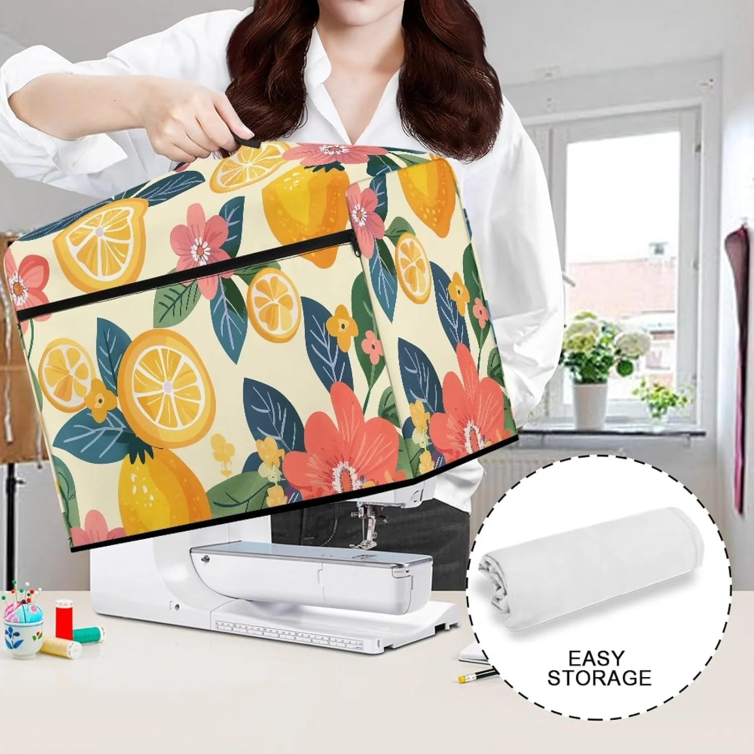 روکش محافظ چرخ خیاطی ضد گرد و غبار با طرح لیمو و جیب، مناسب برای اکثر چرخ خیاطی های استاندارد، استفاده آسان و تاشو