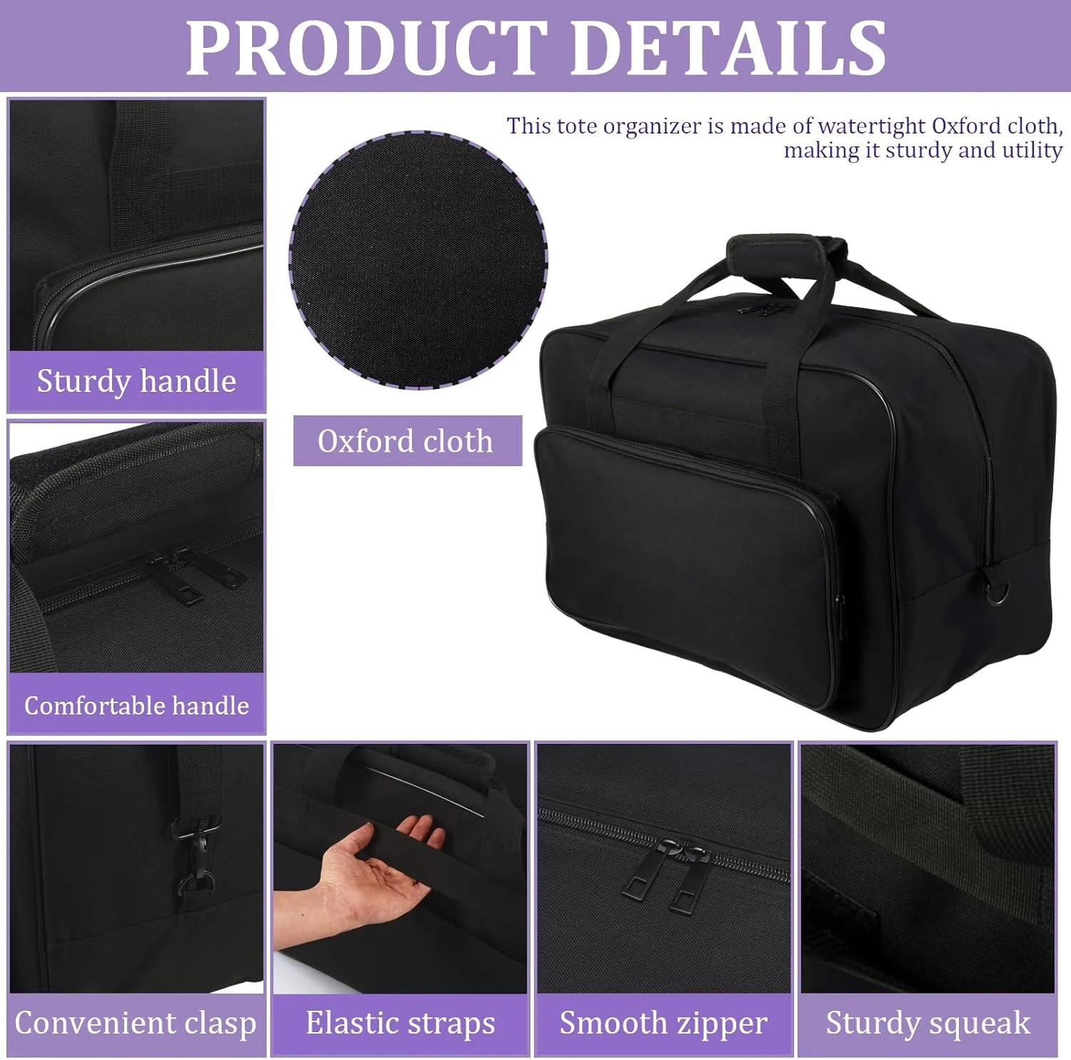 کیف چرخ خیاطی، کیف پارچه آکسفورد ضد آب چرخ خیاطی با بند شانه و دسته، 46 x 23 x 32 سانتی متر، کیف حمل جهانی برای اکثر چرخ خیاطی های استاندارد و لوازم جانبی، مشکی