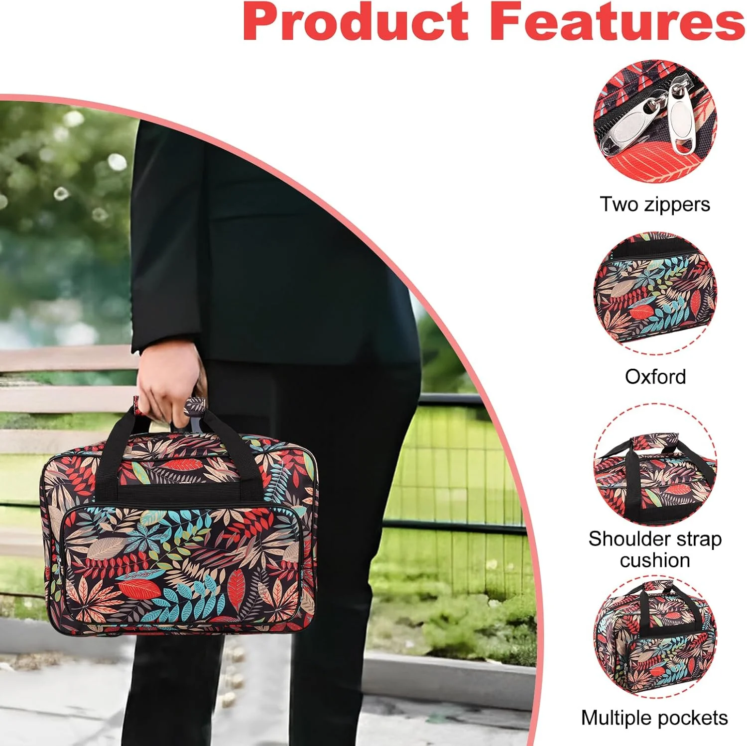 کیف حمل چرخ خیاطی TNTGMG با دسته و محفظه‌های متعدد، 46x23x32 سانتی‌متر، سازمان‌دهنده لوازم خیاطی از جنس پارچه آکسفورد، قرمز، کیف چرخ خیاطی