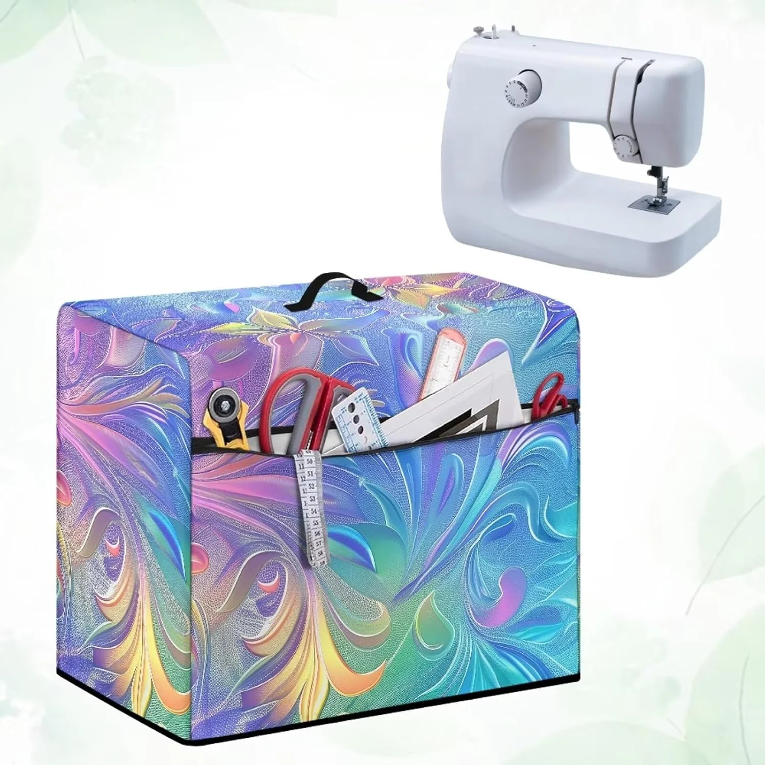 روکش گرد و غبار طرح برگ های گرمسیری برای چرخ خیاطی، روکش محافظ بادوام چرخ خیاطی با کیف سازمان دهنده و حلقه کاربردی، روکش محافظ لوازم کوچک روکش گرد و غبار طرح برگ های گرمسیری برای چرخ خیاطی، روکش محافظ بادوام چرخ خیاطی با کیف سازمان دهنده و حلقه کاربردی، روکش محافظ لوازم کوچک