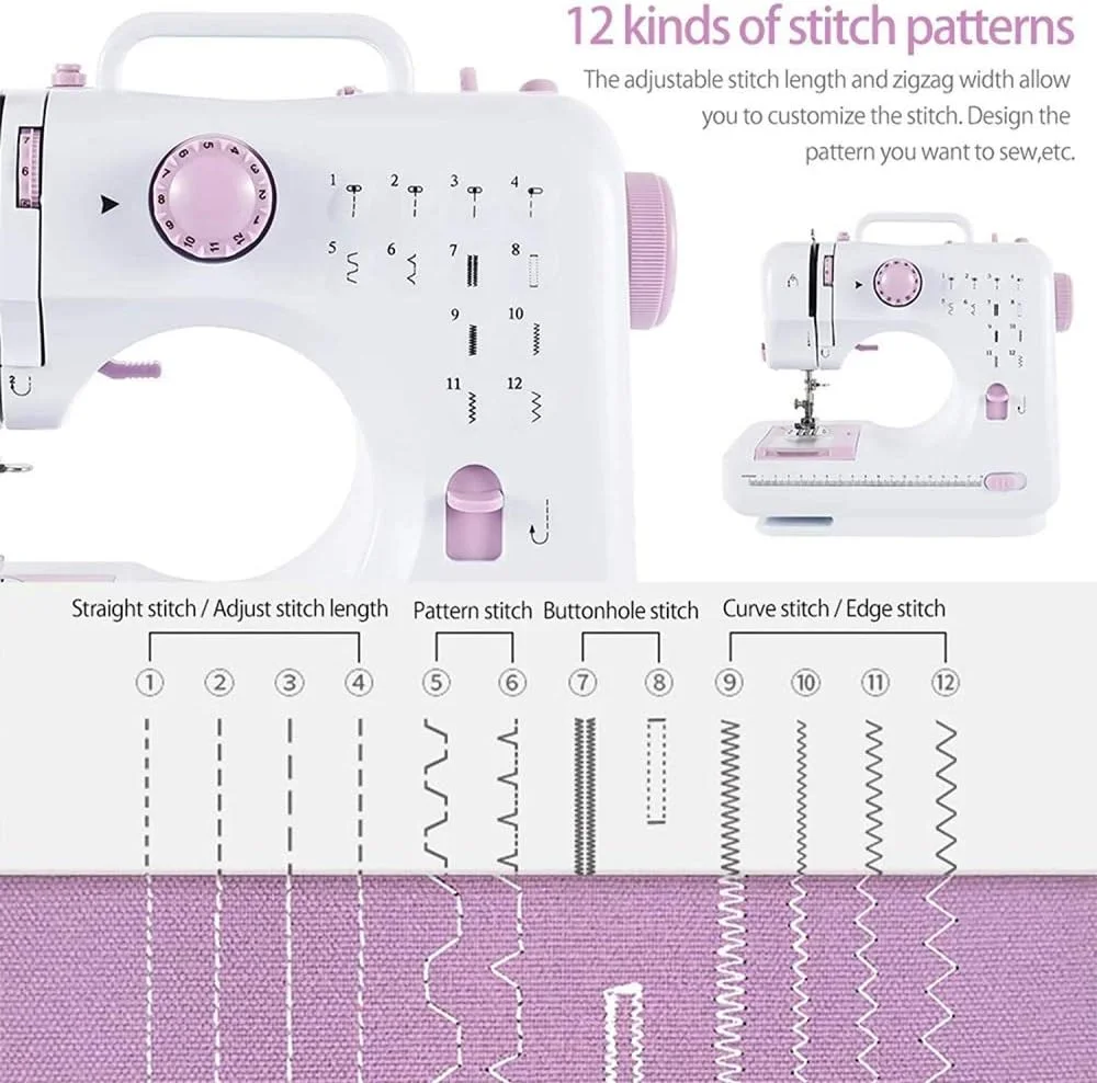 چرخ خیاطی دو سرعته با نخ دوبل، چرخ خیاطی برقی با 12 طرح دوخت، چراغ LED، پدال پا برای مسافرت های خانوادگی