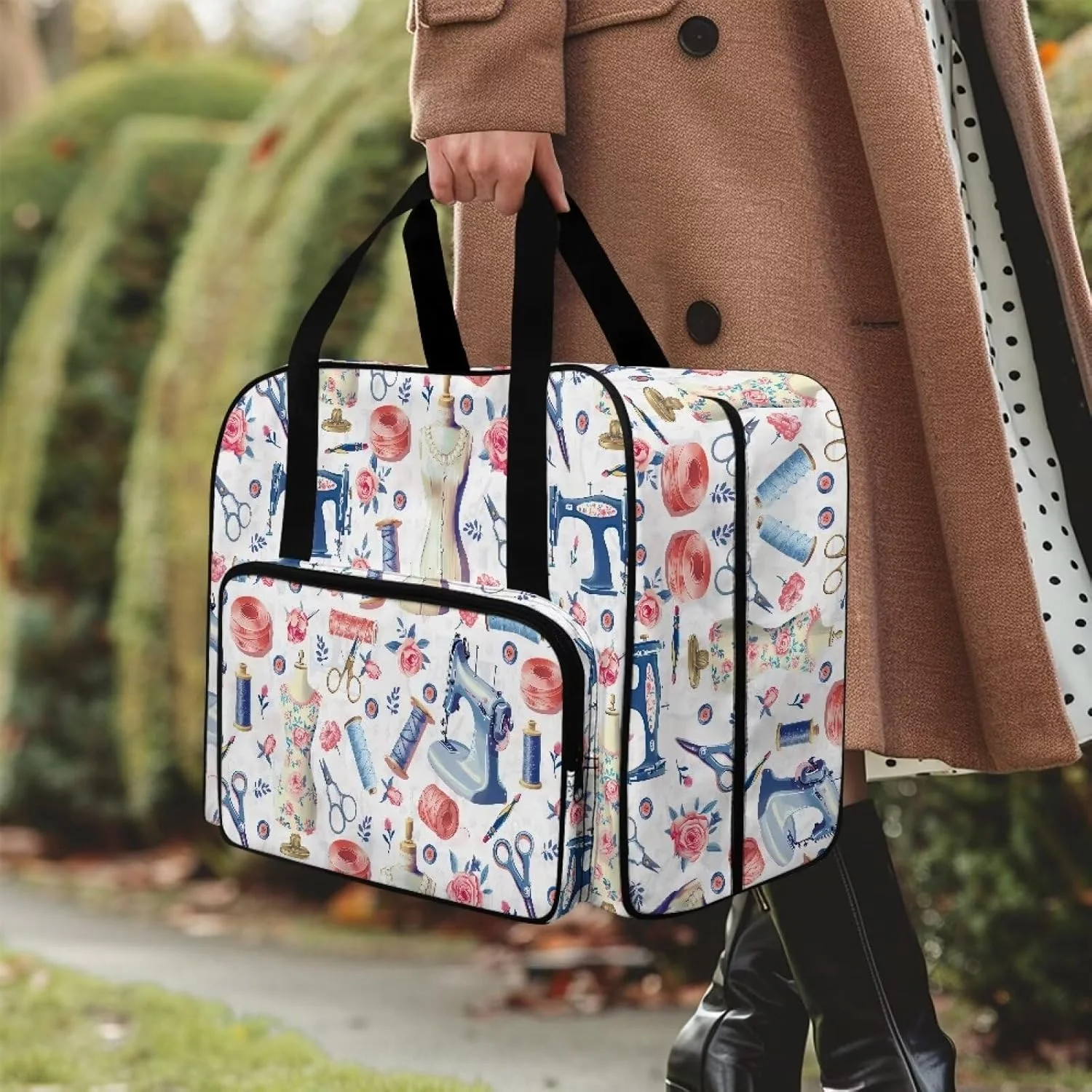 کیف حمل چرخ خیاطی Uorisanigo با جیب جلویی، کیف دستی مسافرتی برای چرخ خیاطی و لوازم جانبی، کیف حمل قابل حمل مناسب برای اکثر چرخ خیاطی های استاندارد، طرح چرخ خیاطی