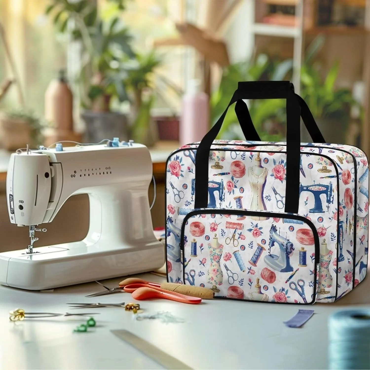 کیف حمل چرخ خیاطی Uorisanigo با جیب جلویی، کیف دستی مسافرتی برای چرخ خیاطی و لوازم جانبی، کیف حمل قابل حمل مناسب برای اکثر چرخ خیاطی های استاندارد، طرح چرخ خیاطی