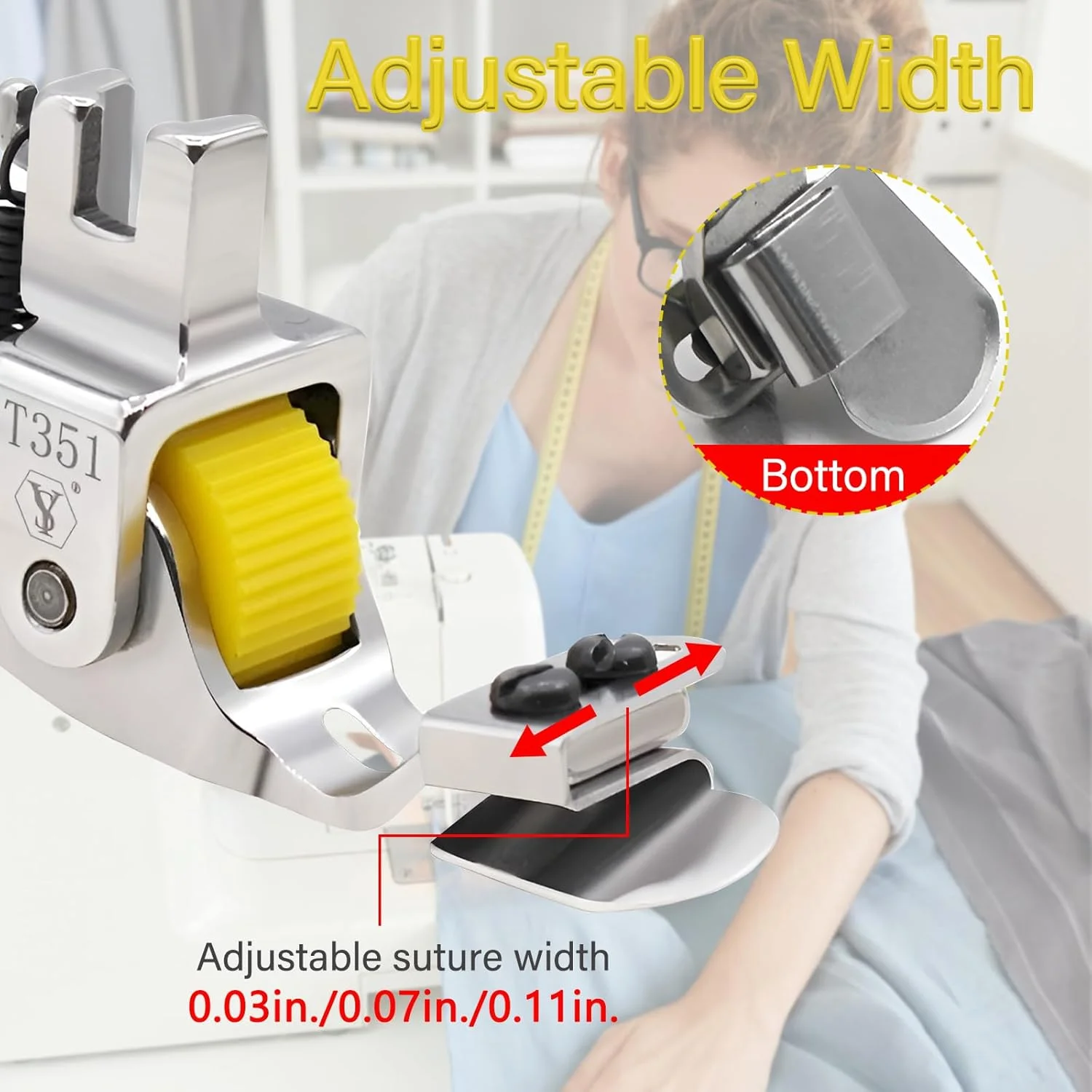 پایه لب تو (Hemmer) چرخ خیاطی قابل تنظیم و ارتقا یافته، پایه فشارنده لبه پهن، لوازم جانبی چرخ خیاطی برای لبه دوزی (زرد)