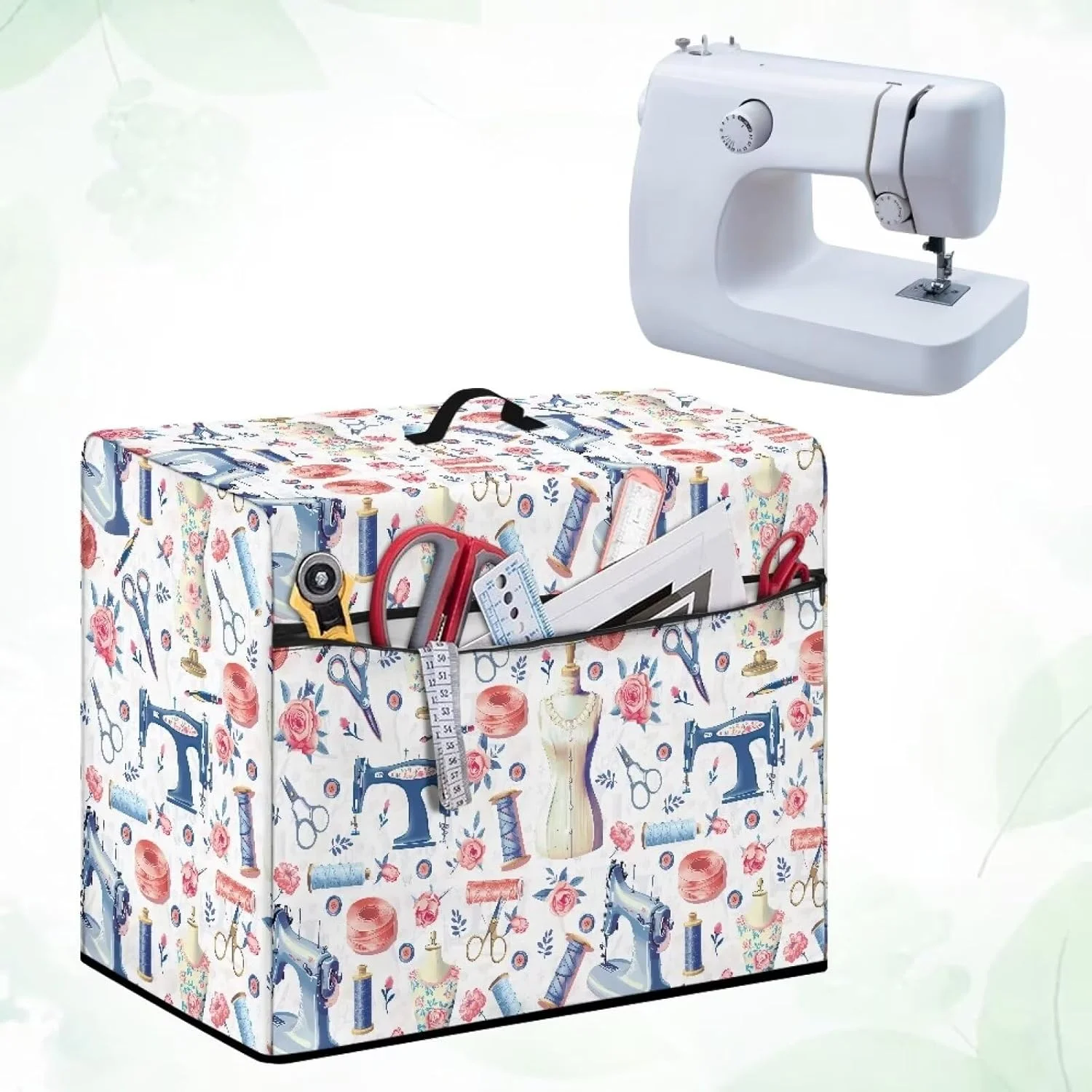 روکش گرد و غبار برای چرخ خیاطی، روکش محافظ چرخ خیاطی با طرح چرخ خیاطی، دارای جیب برای نگهداری لوازم جانبی، لوازم تزئینی محافظ چرخ خیاطی