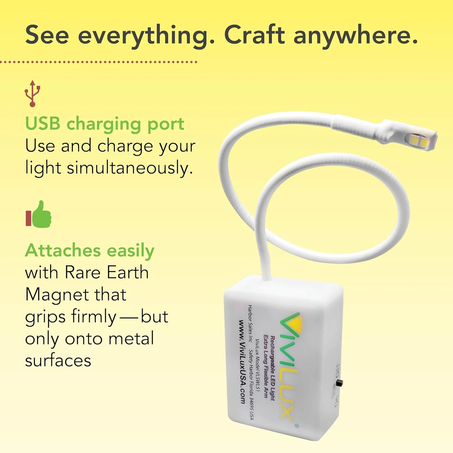 چراغ LED منعطف و روشن ViviLux برای صنایع دستی و خیاطی؛ چراغ کار کوچک بی سیم قابل شارژ USB برای چرخ خیاطی، کاردستی و سرگرمی؛ این مورد دارای آهنربای خاکی کمیاب قدرتمند است