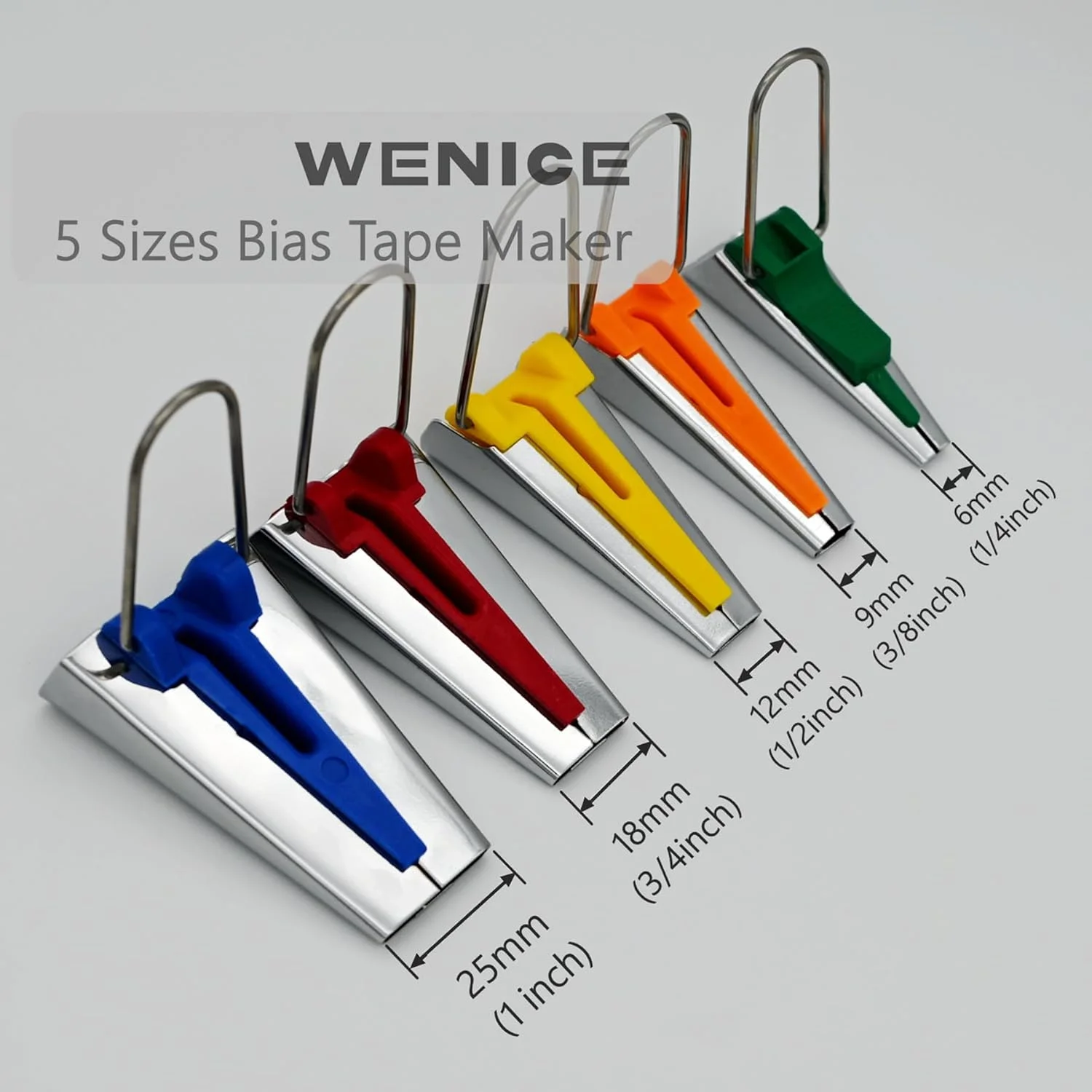 دستگاه نوار اریب ساز WENICE در 5 سایز به همراه 20 عدد گیره خیاطی، 50 عدد سوزن ته گرد توپی، پایه چرخ خیاطی برای خیاطی پارچه و لحاف دوزی دستگاه نوار اریب ساز WENICE در 5 سایز به همراه 20 عدد گیره خیاطی، 50 عدد سوزن ته گرد توپی، پایه چرخ خیاطی برای خیاطی پارچه و لحاف دوزی