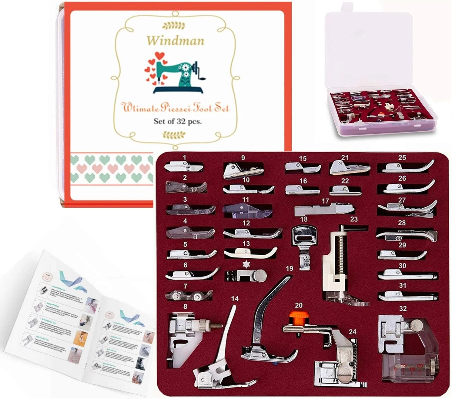 مجموعه ۳۲ عددی پایه چرخ خیاطی Windman شامل دستورالعمل و بسته بندی لوکس برای استفاده در چرخ خیاطی های پایه کوتاه Brother Singer Janome Babylock
