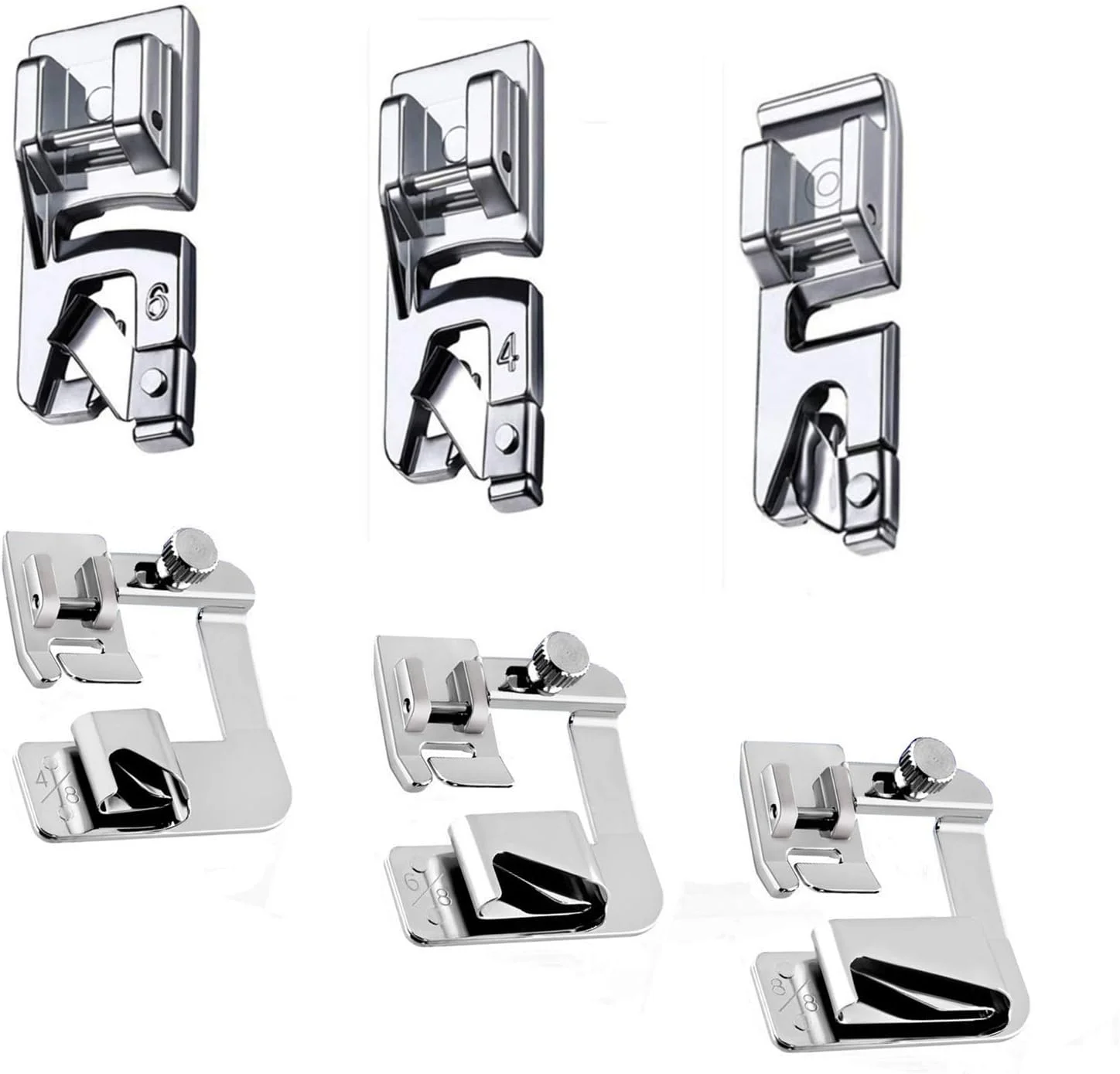 کیت پایه لب تو (Hemming Foot) ویندمن، ۶ عددی، مناسب برای چرخ خیاطی های برادر، سینگر، ژانومه با پایه کوتاه، شامل پایه لب تو (Rolled Hem Presser Foot)