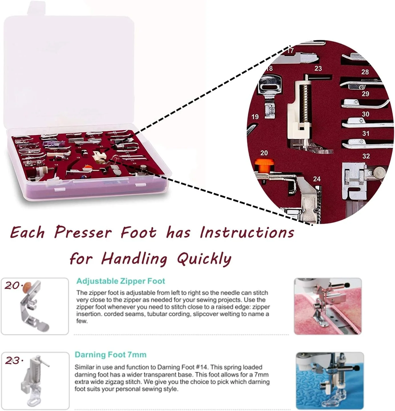 مجموعه ۳۲ عددی پایه چرخ خیاطی Windman شامل دستورالعمل و بسته بندی لوکس برای استفاده در چرخ خیاطی های پایه کوتاه Brother Singer Janome Babylock