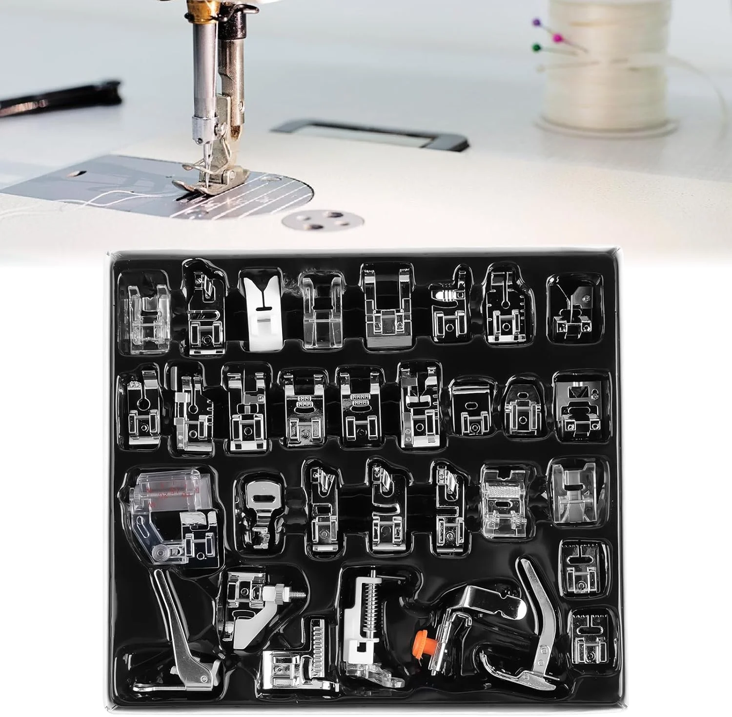 مجموعه پایه های چرخ خیاطی: مجموعه 32 عددی لوازم جانبی چند منظوره برای سینگر/برادر/بیبی لاک/ان/نیو هوم/جانومه/النا/تویوتا/سادگی