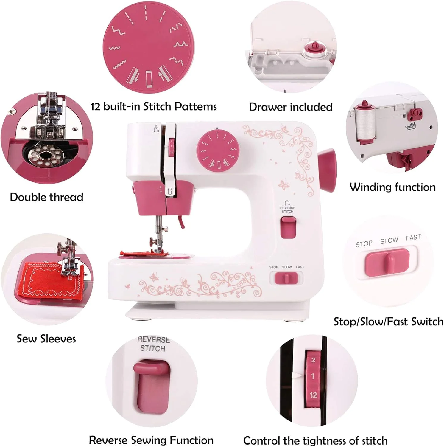 دستگاه خیاطی برقی قابل حمل WNPCXQ، دستگاه خیاطی فشرده با 12 مدل دوخت، 2 سرعت، پدال پا برای مبتدیان، دوشاخه EU