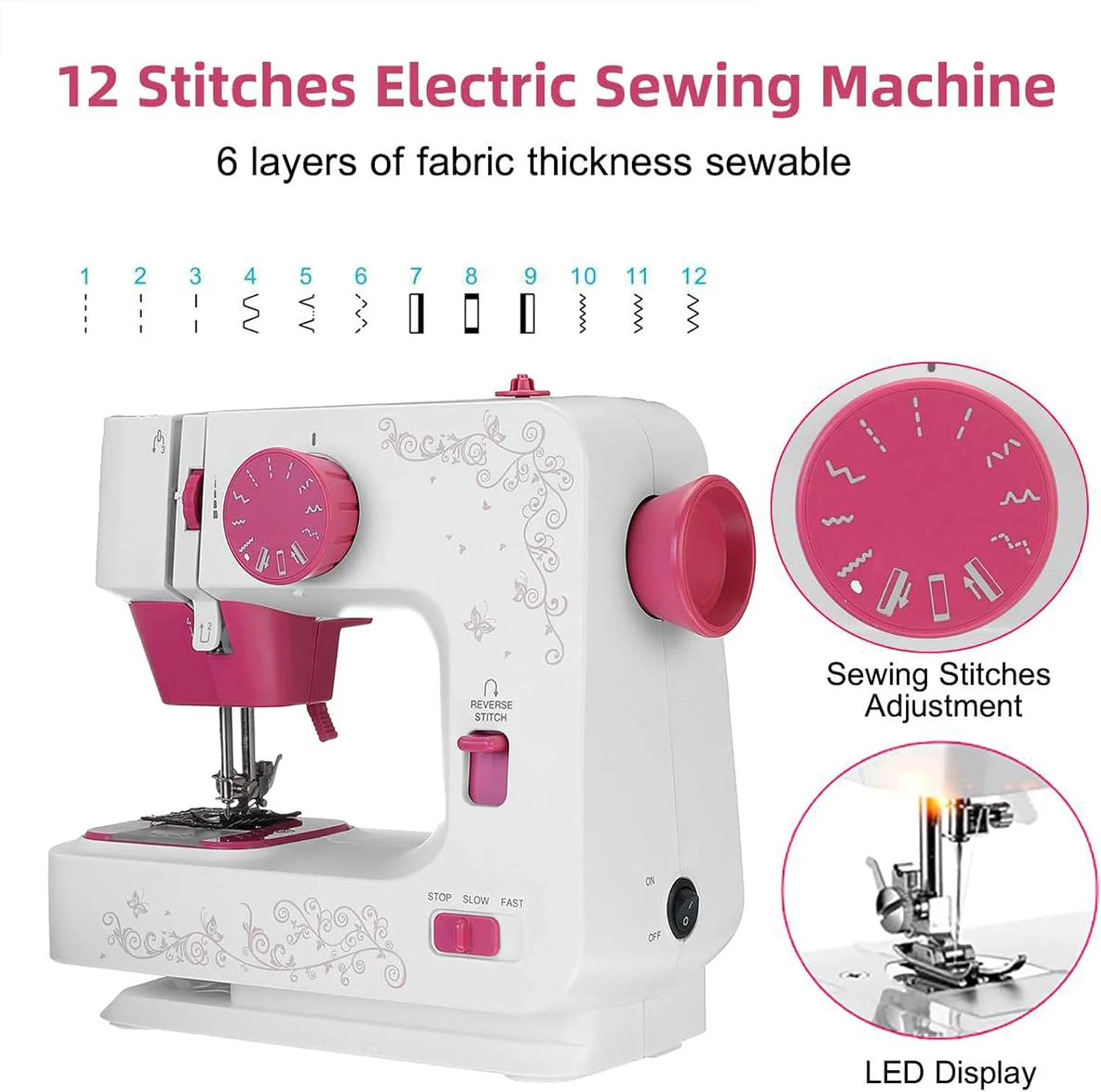 دستگاه خیاطی برقی قابل حمل WNPCXQ، دستگاه خیاطی فشرده با 12 مدل دوخت، 2 سرعت، پدال پا برای مبتدیان، دوشاخه EU