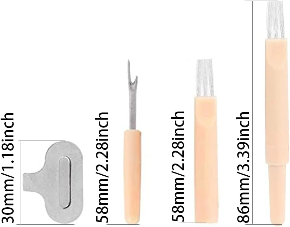 یک ست کیت تعمیر چرخ خیاطی شامل پیچ گوشتی، ابزار نخ باز کن، پیچ گوشتی شکاف دار و برس تمیز کننده، مناسب برای تمیز کردن و تعمیر چرخ خیاطی