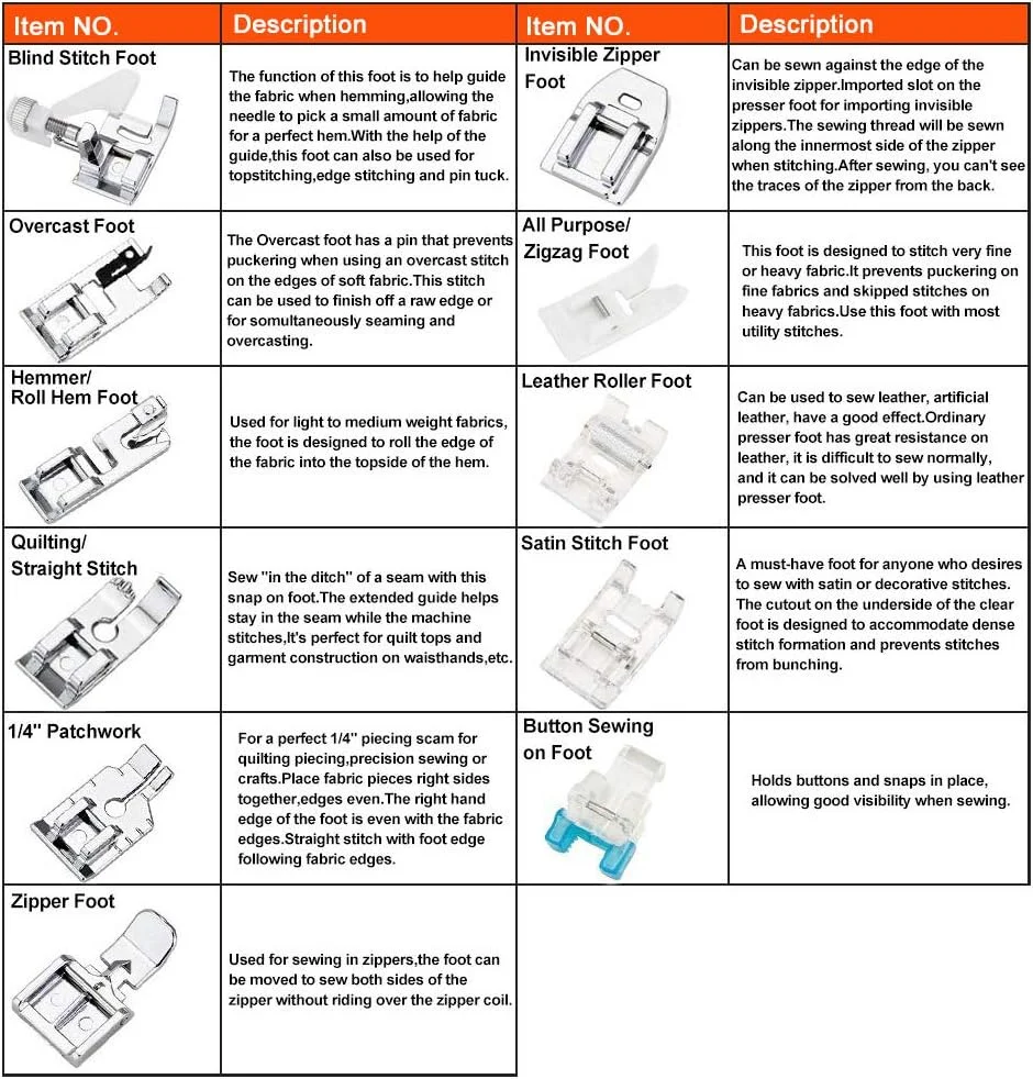 پایه های چرخ خیاطی XCOZU - مجموعه 11 عددی پایه های چرخ خیاطی با پایه زیپ، پایه غلطکی برای چرخ خیاطی های Brother JANOME Singer Toyota