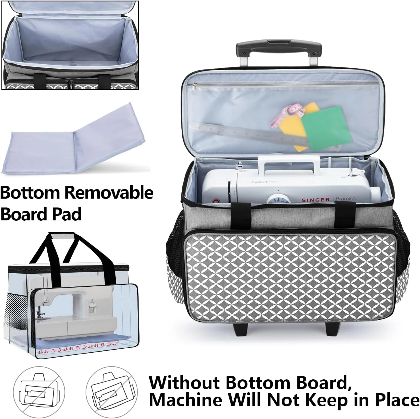 کیف حمل چرخ خیاطی چرخ دار جداشدنی Yarwo خاکستری با طرح شبکه ای CAYW02103