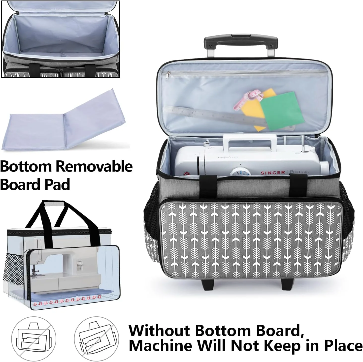 کیف چرخ خیاطی چرخ دار جداشدنی یاروو مدل 2025، کیف ترولی با تخته زیرین جداشدنی برای اکثر چرخ خیاطی های استاندارد و لوازم جانبی، خاکستری با طرح پیکان کیف چرخ خیاطی چرخ دار جداشدنی یاروو مدل 2025، کیف ترولی با تخته زیرین جداشدنی برای اکثر چرخ خیاطی های استاندارد و لوازم جانبی، خاکستری با طرح پیکان
