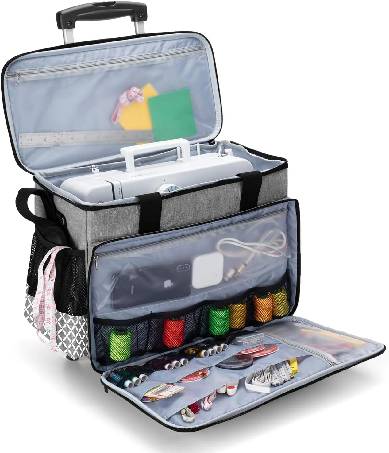 کیف حمل چرخ خیاطی چرخ دار جداشدنی Yarwo خاکستری با طرح شبکه ای CAYW02103