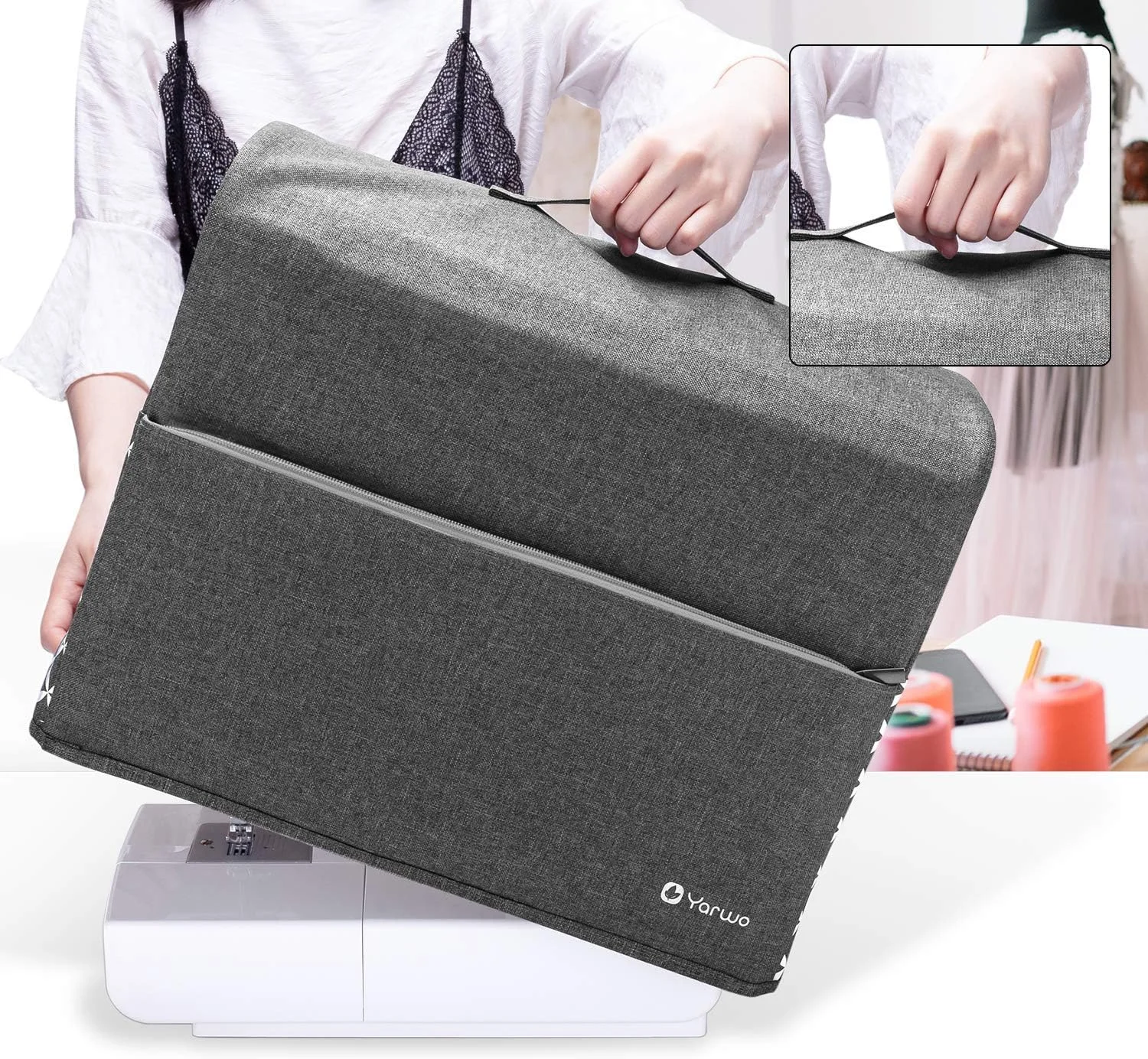 روکش چرخ خیاطی Yarwo، روکش ضد گرد و غبار نایلونی با جیب برای اکثر چرخ خیاطی های استاندارد و لوازم جانبی، خاکستری با طرح پیکان روکش چرخ خیاطی Yarwo، روکش ضد گرد و غبار نایلونی با جیب برای اکثر چرخ خیاطی های استاندارد و لوازم جانبی، خاکستری با طرح پیکان