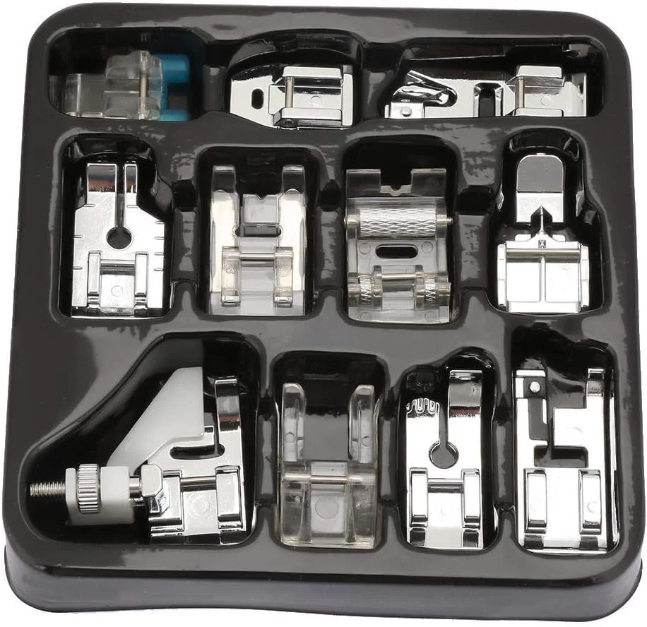 پایه های چرخ خیاطی، 11 نوع مختلف در یک جعبه - پایه زیپ، پایه غلطکی، پایه لبه و لوازم جانبی