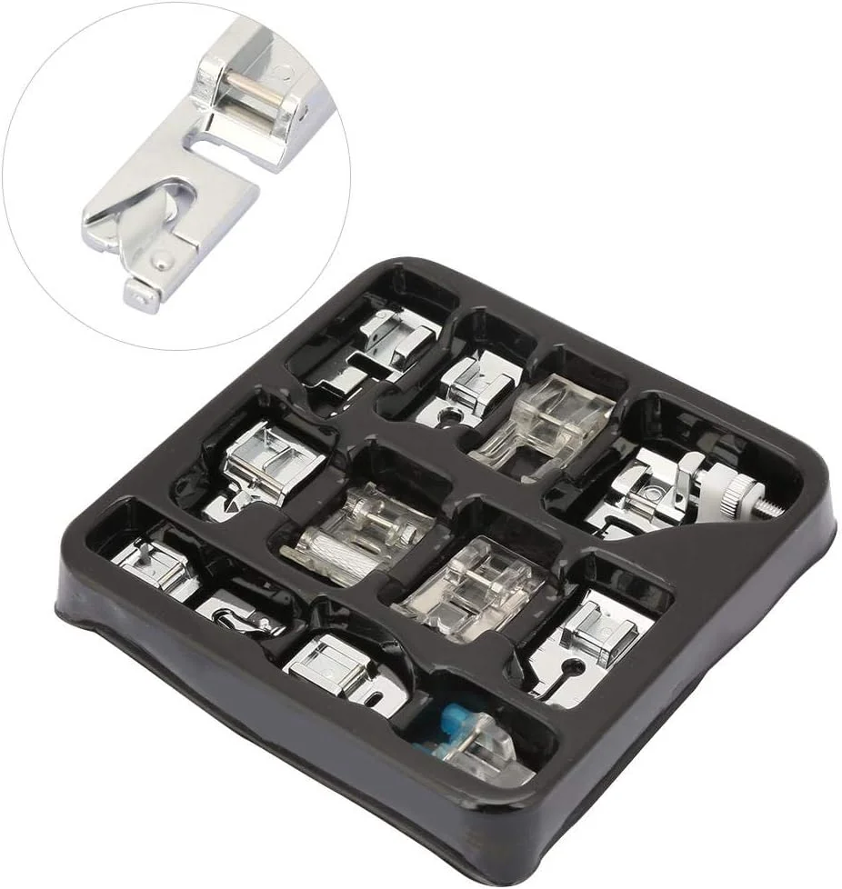 پایه های چرخ خیاطی، 11 نوع مختلف در یک جعبه - پایه زیپ، پایه غلطکی، پایه لبه و لوازم جانبی