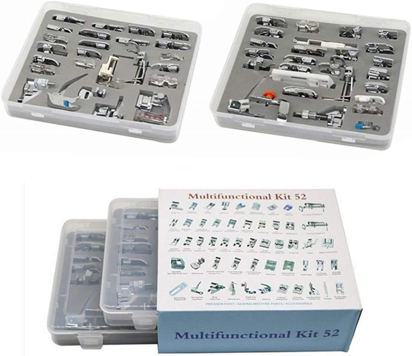 مجموعه پایه های دوخت خانگی YEQIN مناسب برای سینگر، برادر، ژانومه، کنmore، بیبی لاک، النا، تویوتا، نیو هوم، سیمپلیسسیتی و چرخ خیاطی های پایه کوتاه 52 عددی با کیفیت بالا EW-46