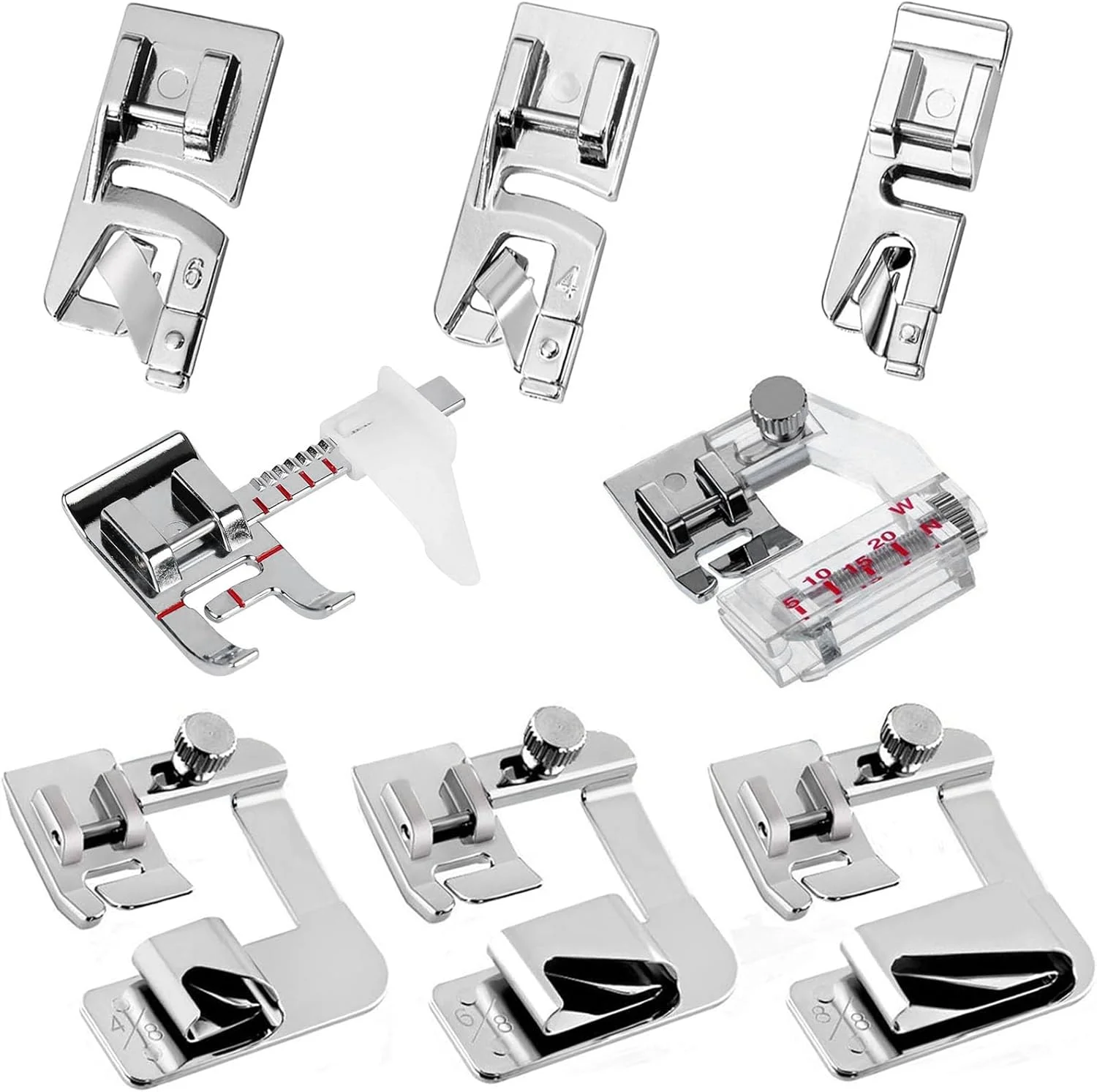 پایه های چرخ خیاطی YEQIN به همراه پایه های لب تو 3 عددی، پایه های باریک لب تو 3 عددی و پایه راهنمای قابل تنظیم، پایه نوار اریب سازگار با سینگر، برادر، ژانومه و غیره