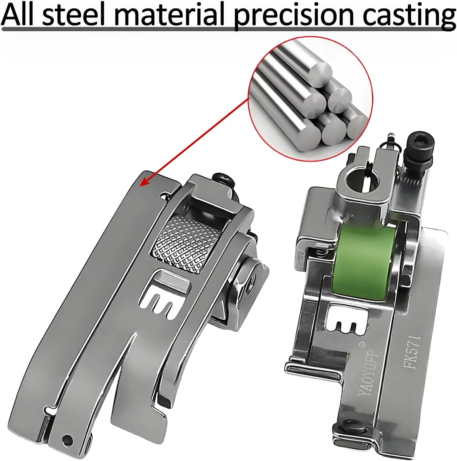 پایه غلطکی سه سوزنه پنج نخ FK571 با تیغه چپ، مناسب چرخ خیاطی صنعتی پارچه های ظریف (چرخ های لاستیکی)، یک عدد