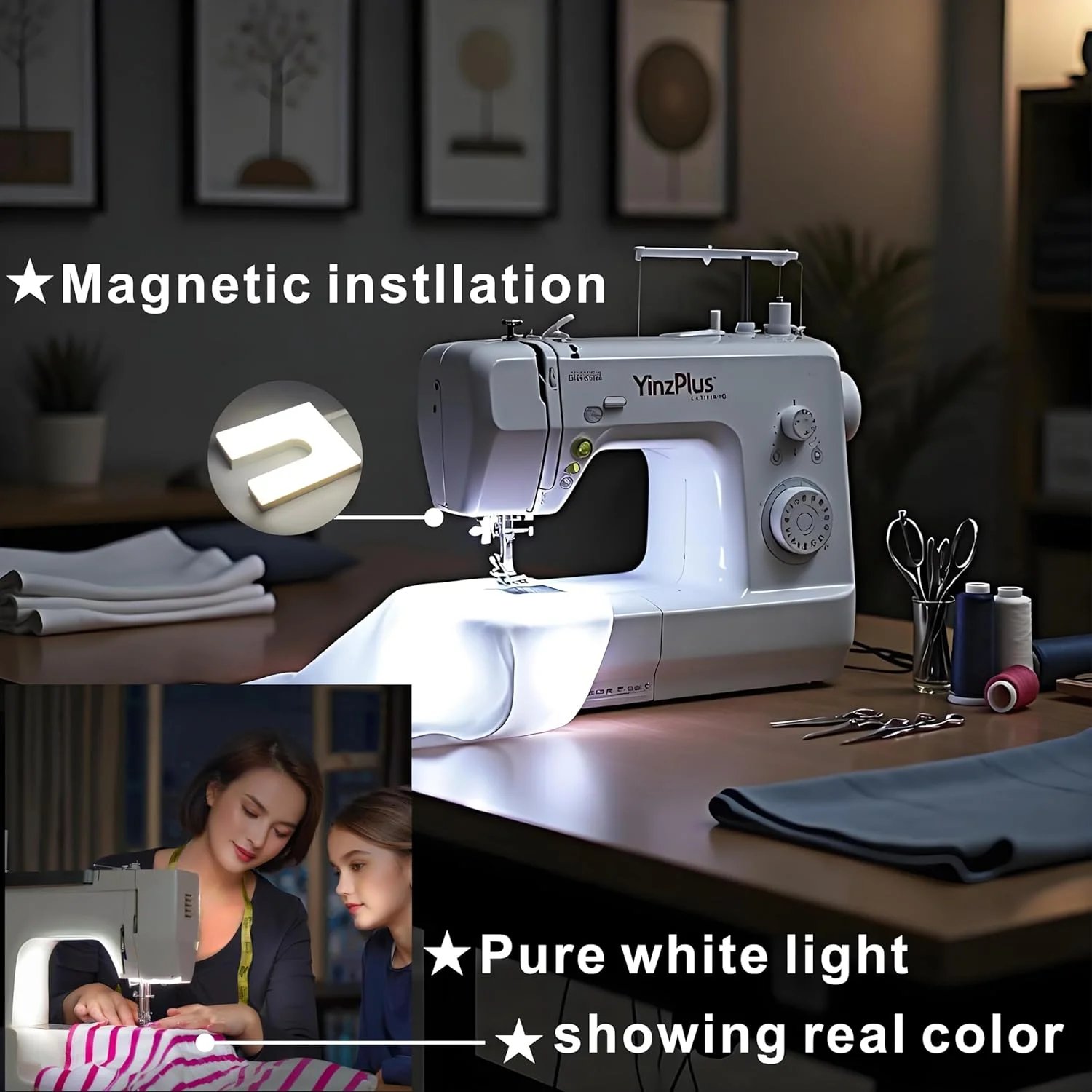 چراغ LED چرخ خیاطی YinzPlus 200 لومن، پایه مغناطیسی، CRI>90، تغذیه از طریق USB با آداپتور/پاور بانک، طراحی U + لوازم جانبی خیاطی