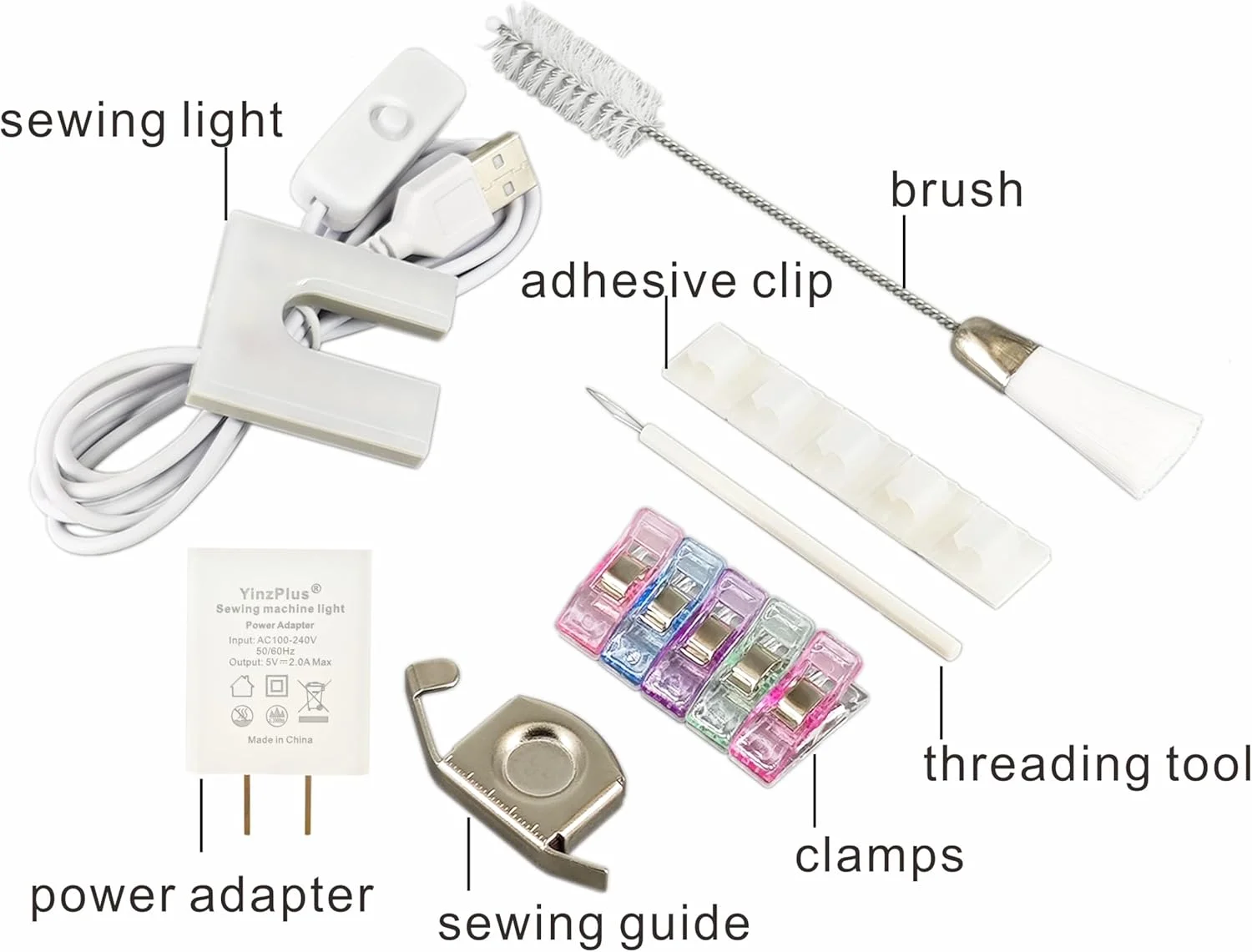 چراغ LED چرخ خیاطی YinzPlus 200 لومن، پایه مغناطیسی، CRI>90، تغذیه از طریق USB با آداپتور/پاور بانک، طراحی U + لوازم جانبی خیاطی