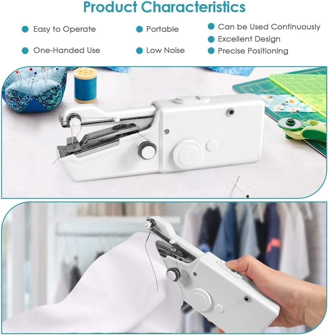 چرخ خیاطی دستی قابل حمل YU WELL، مینی چرخ خیاطی برقی بی سیم با لوازم جانبی مناسب برای لباس، پرده، پارچه های ظریف (سفید)