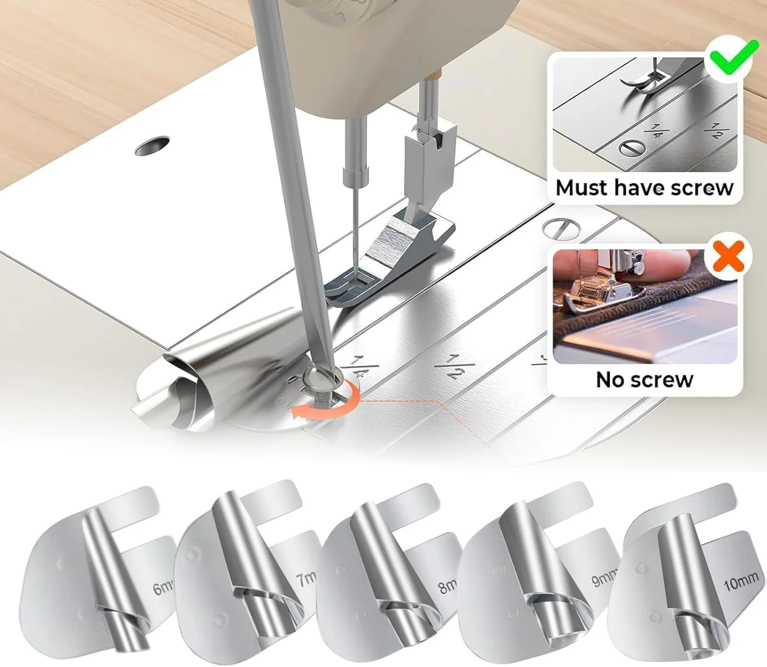 بسته 5 عددی لوازم جانبی خیاطی، پایه لب تو رول برای چرخ خیاطی، لوازم جانبی چرخ خیاطی، 5 سایز (3 میلی متر - 7 میلی متر)، کمک کننده لبه استیل ضد زنگ برای چرخ خیاطی، مناسب برای