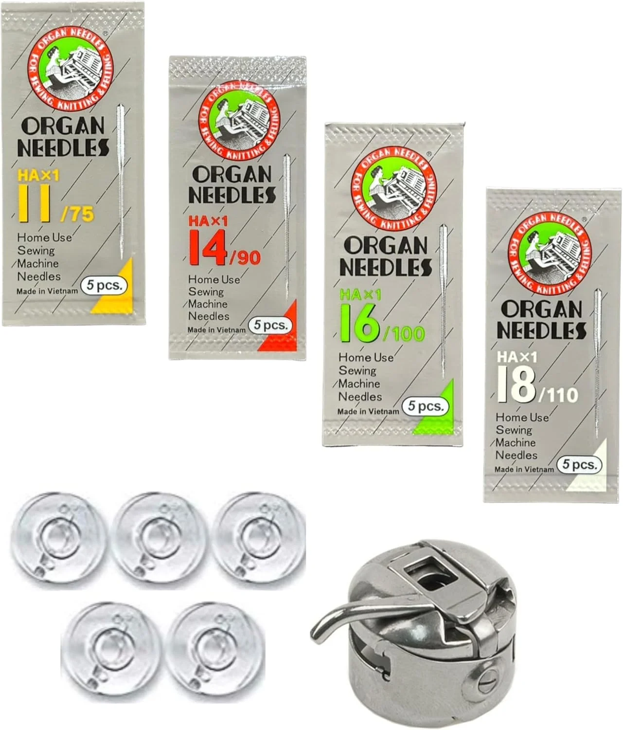 مجموعه سوزن های چرخ خیاطی ارگان HA، سایزهای 11، 14، 16، 18 و 1 عدد جعبه ماسوره فلزی به همراه 5 عدد ماسوره پلاستیکی شفاف، سازگار با تمامی چرخ خیاطی های خانگی