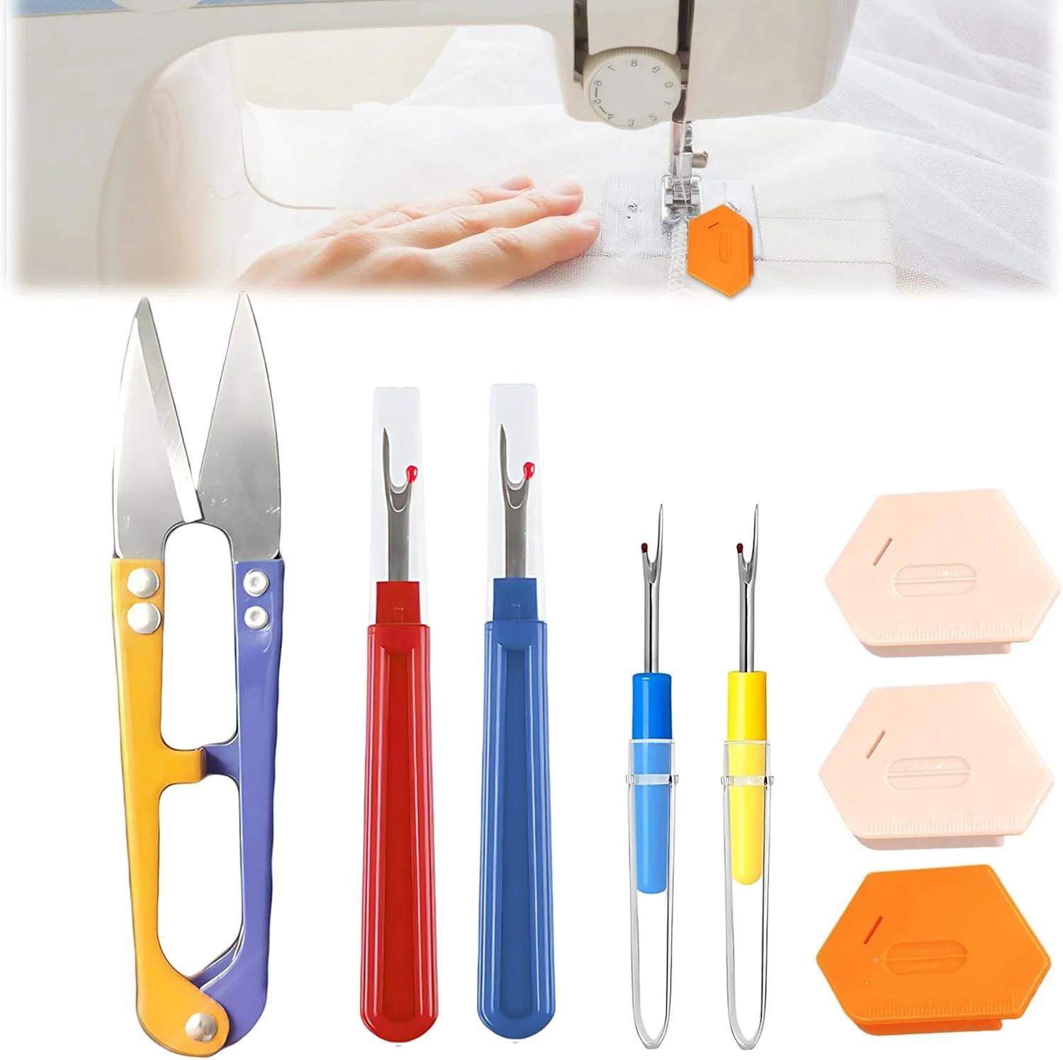 ست لوازم جانبی خیاطی 7 تکه شامل شکافنده درز و جداکننده نخ، طراحی رنگی، مناسب برای خیاطی و پروژه‌های DIY