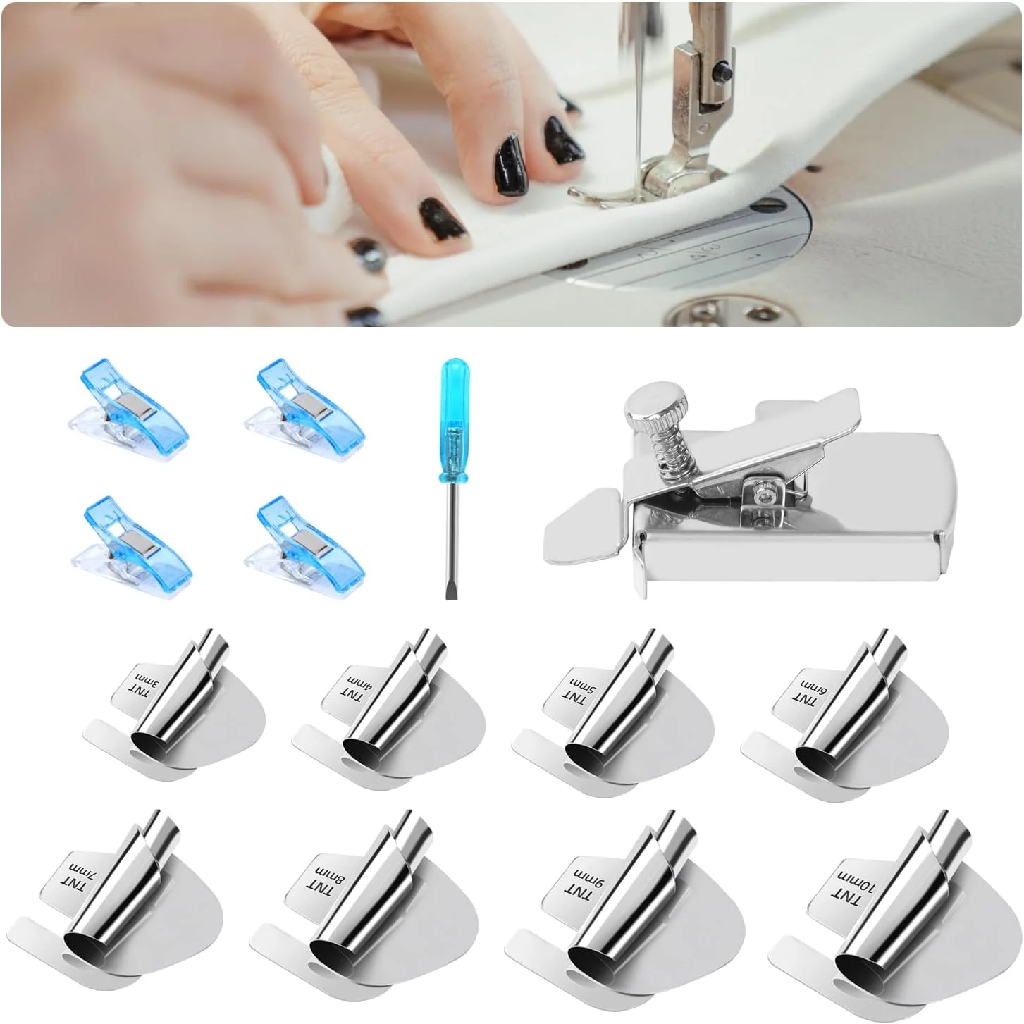 مجموعه پایه لب تو (Hemmer Foot) چرخ خیاطی ZHAO، 8 سایز 3 تا 10 میلی‌متر به همراه راهنمای دوخت، گیره خیاطی، پیچ گوشتی، ابزار و لوازم جانبی چرخ خیاطی برای لوازم خیاطی خانگی