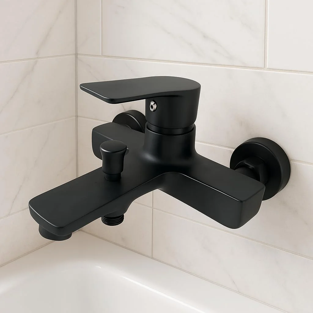 شیر حمام مشکی براق – طراحی مدرن، آلیاژ روی، شیر دیواری برای وان حمام – پرداخت مات ممتاز، 208x180x112 میلی‌متر