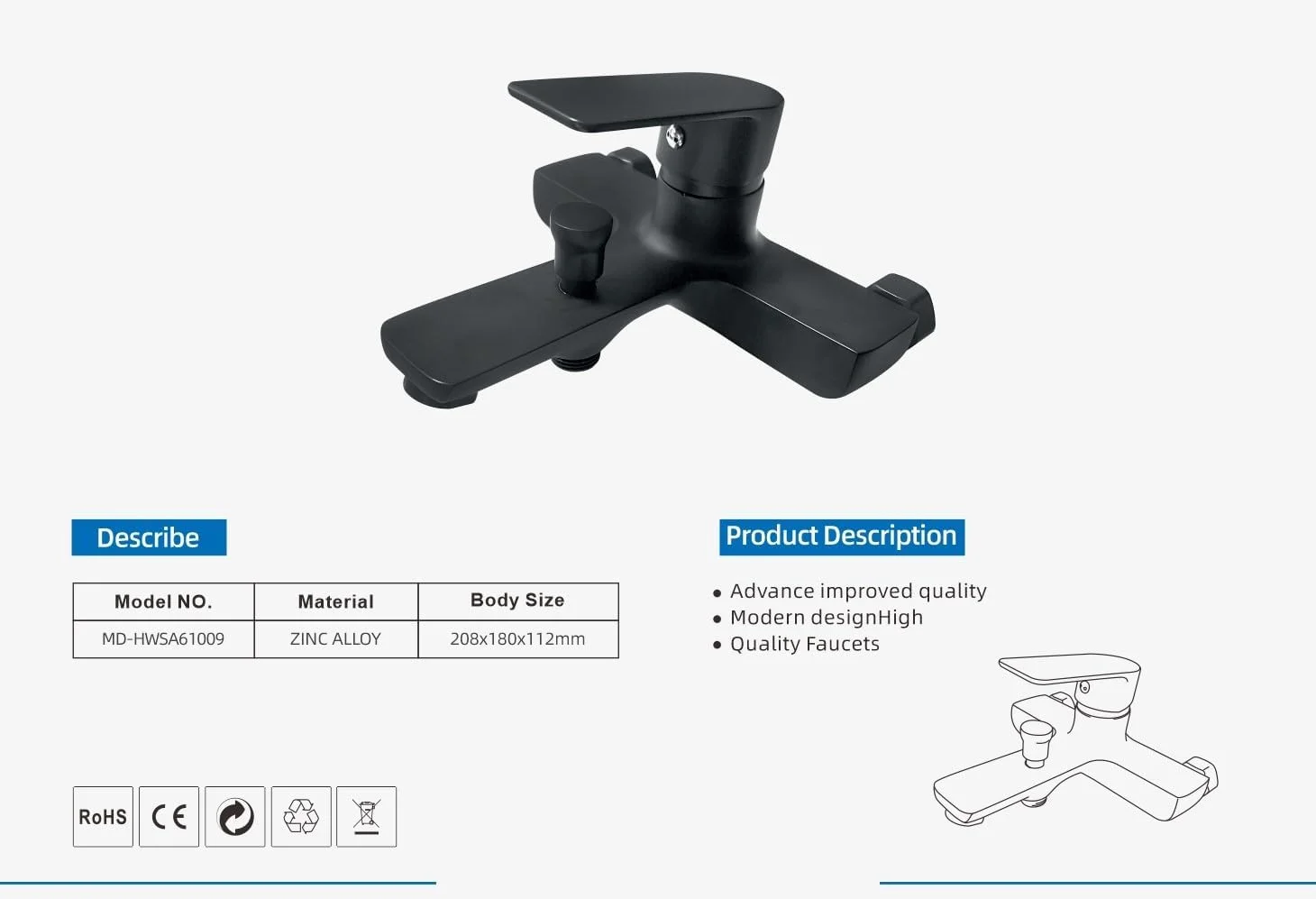 شیر حمام مشکی براق – طراحی مدرن، آلیاژ روی، شیر دیواری برای وان حمام – پرداخت مات ممتاز، 208x180x112 میلی‌متر