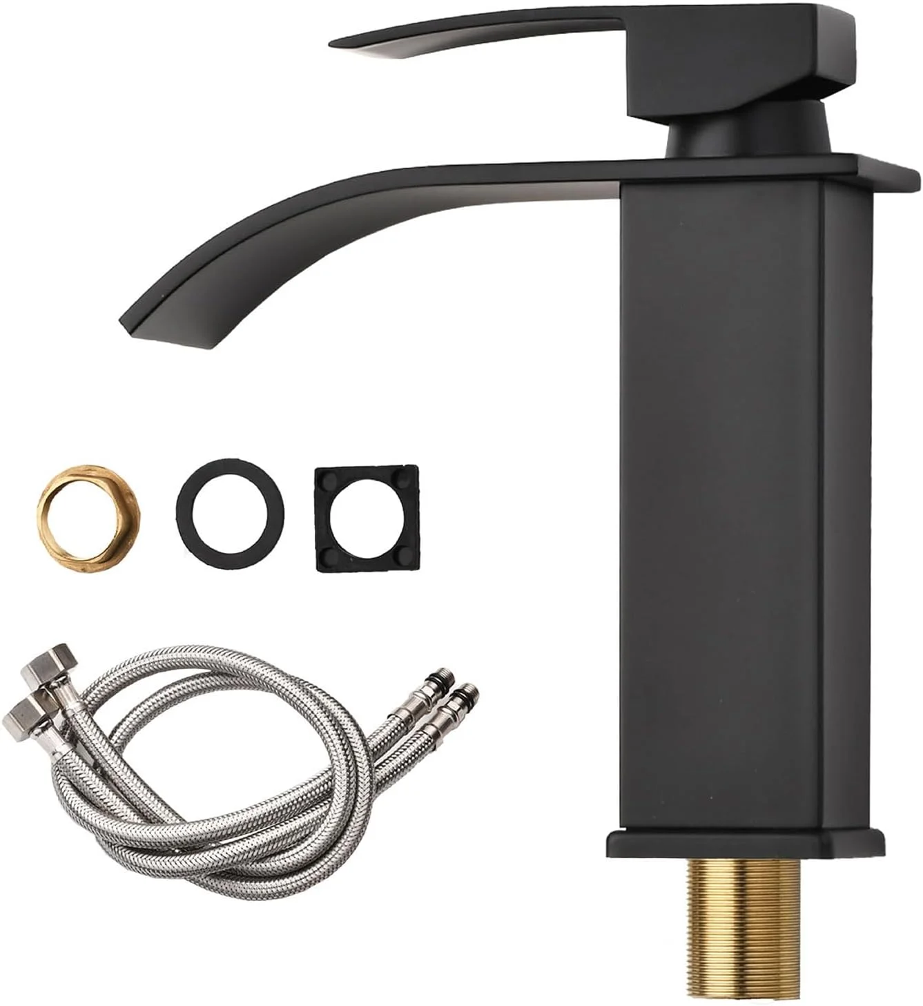 شیر روشویی آبشاری مدرن، تک دستگیره برای یک سوراخ، به همراه شلنگ (مشکی)